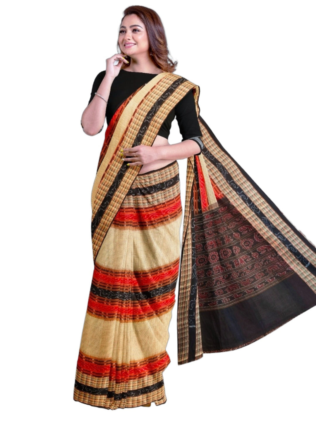 Beige Sambalpuri Sachipar Cotton Saree with cotton ikat blouse piece