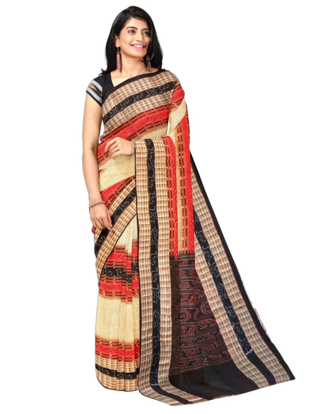 Beige Sambalpuri Sachipar Cotton Saree with cotton ikat blouse piece