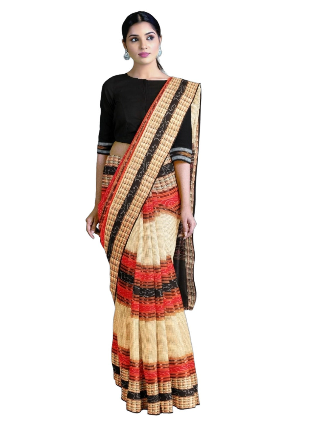 Beige Sambalpuri Sachipar Cotton Saree with cotton ikat blouse piece