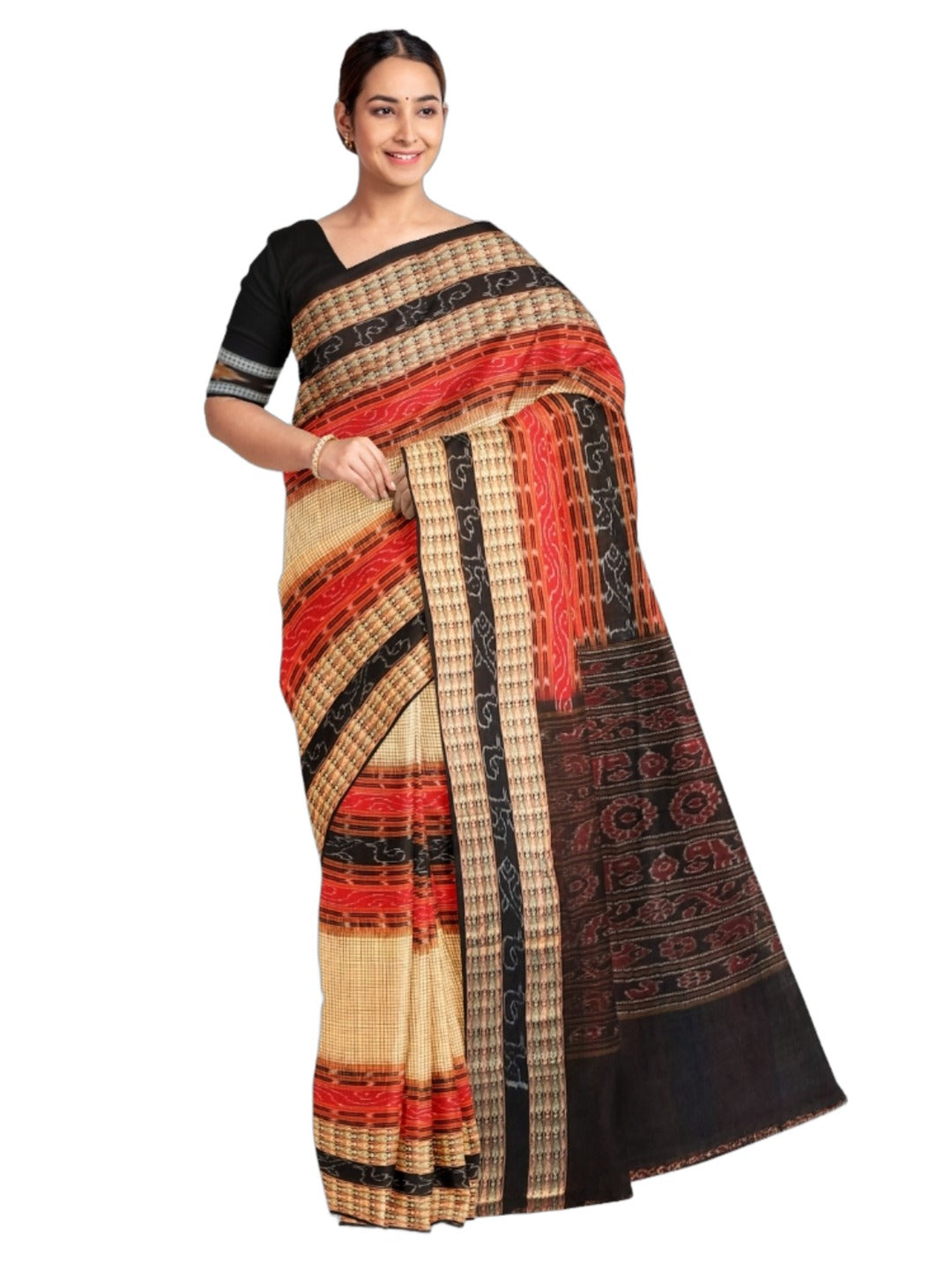Beige Sambalpuri Sachipar Cotton Saree with cotton ikat blouse piece