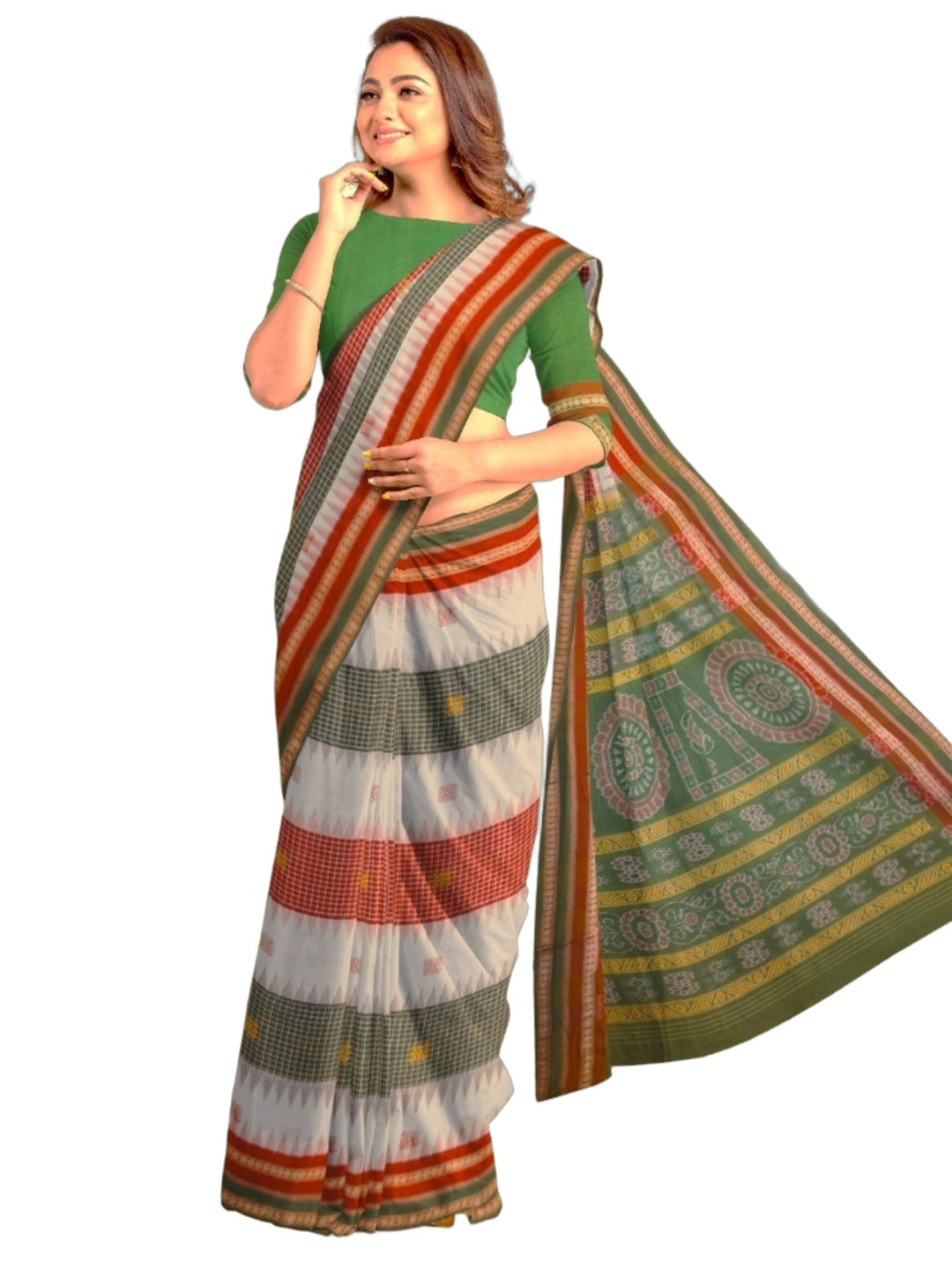 Multi coloured Sachipar Sambalpuri Cotton Saree with running blouse piece