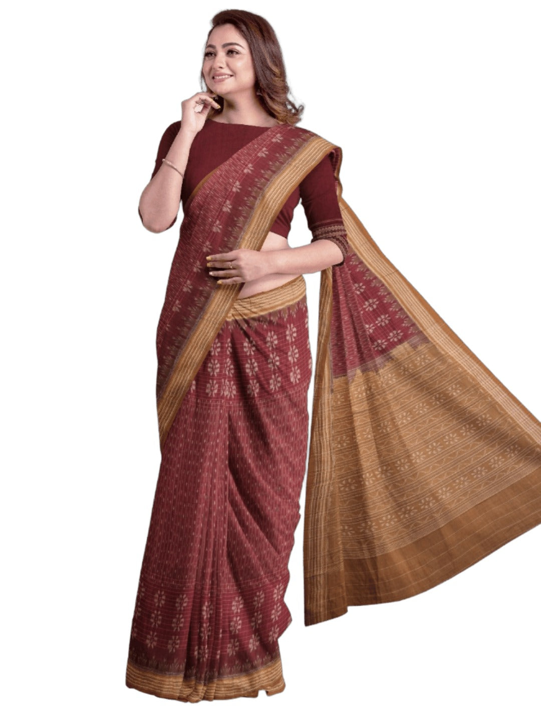 Maroon Sambalpuri Cotton Saree with cotton ikat blouse piece
