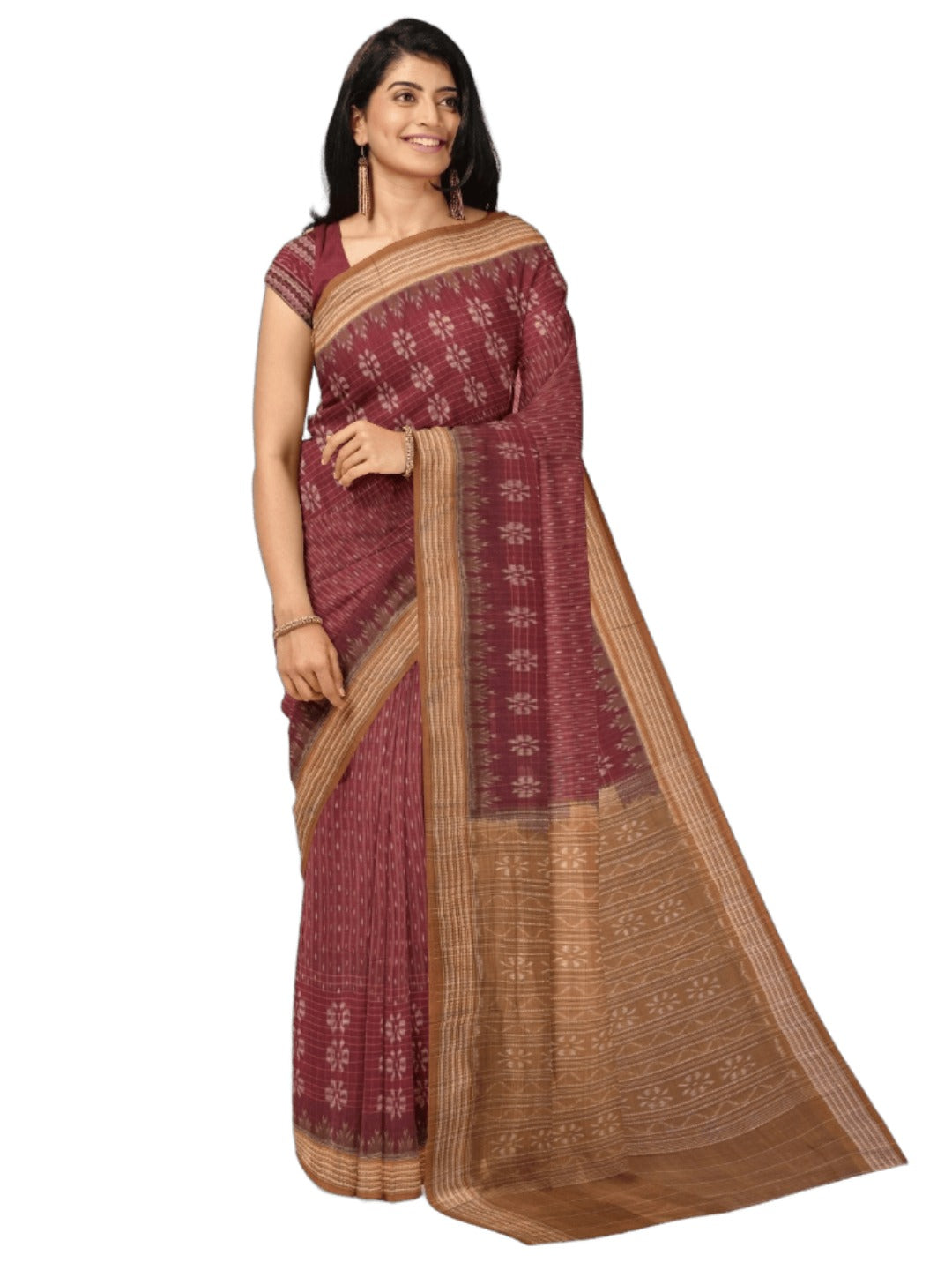 Maroon Sambalpuri Cotton Saree with cotton ikat blouse piece