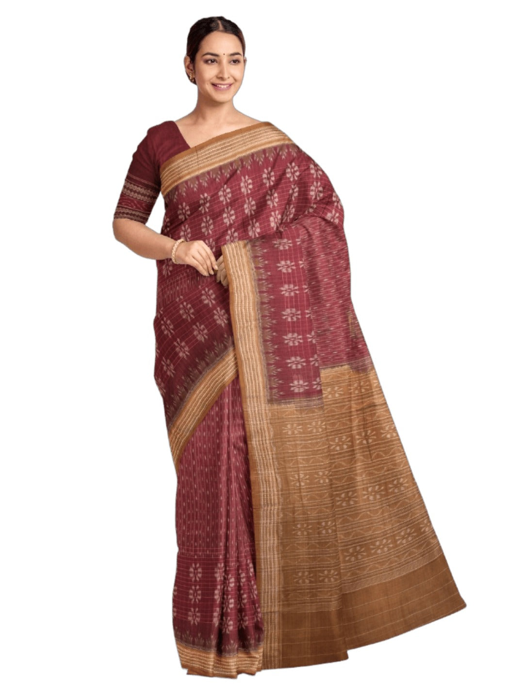 Maroon Sambalpuri Cotton Saree with cotton ikat blouse piece