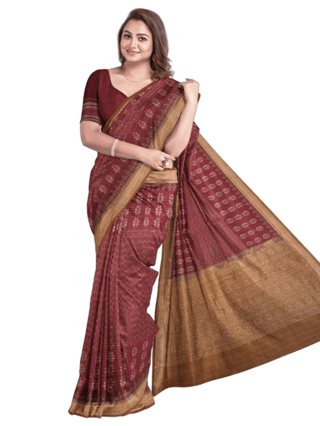Maroon Sambalpuri Cotton Saree with cotton ikat blouse piece