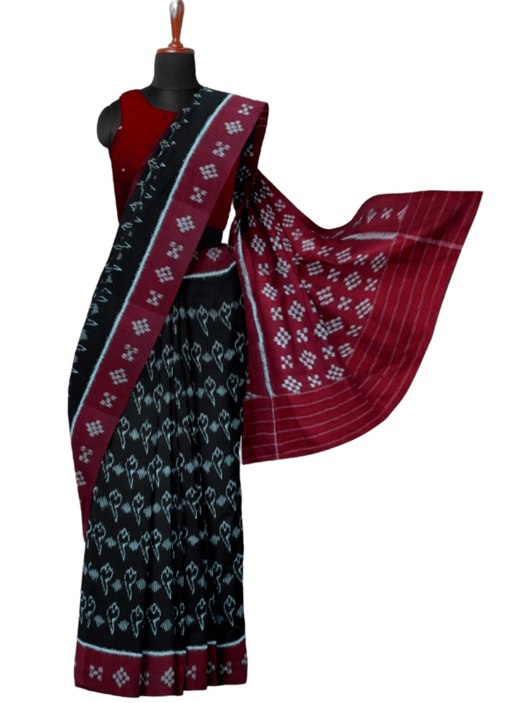 Black with Maroon Cotton Odisha Ikat saree with matching blouse piece