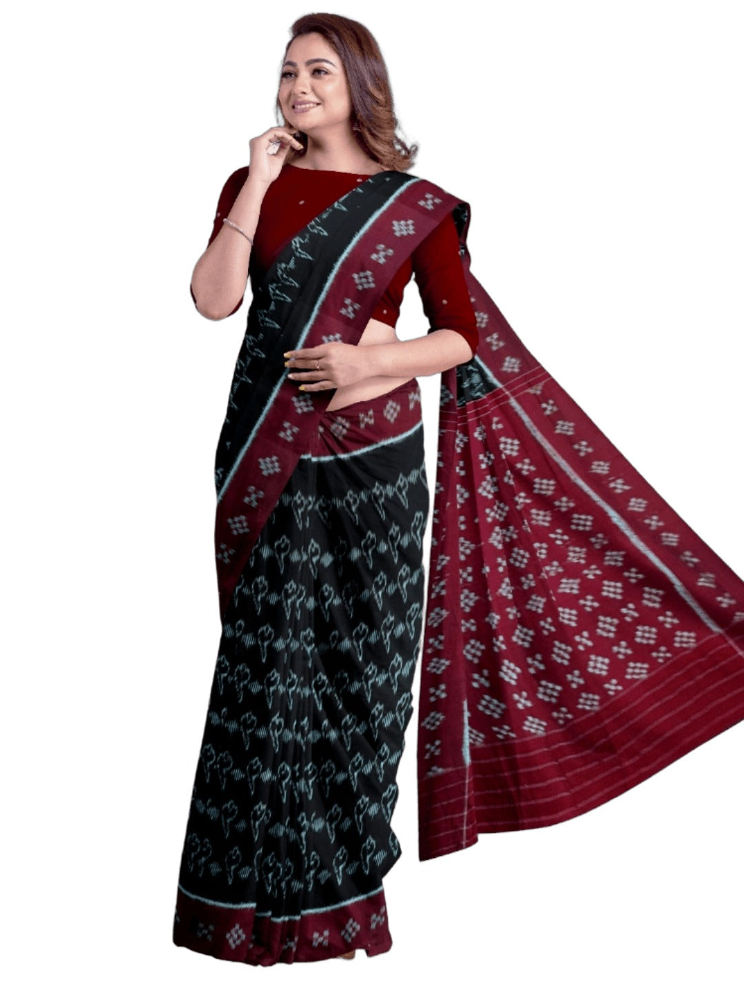 Black with Maroon Cotton Odisha Ikat saree with matching blouse piece