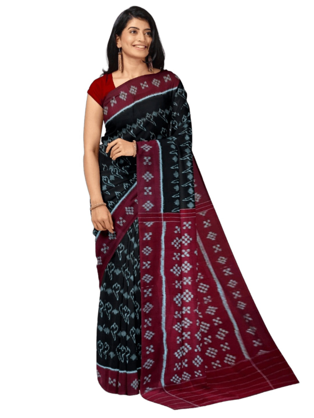 Black with Maroon Cotton Odisha Ikat saree with matching blouse piece