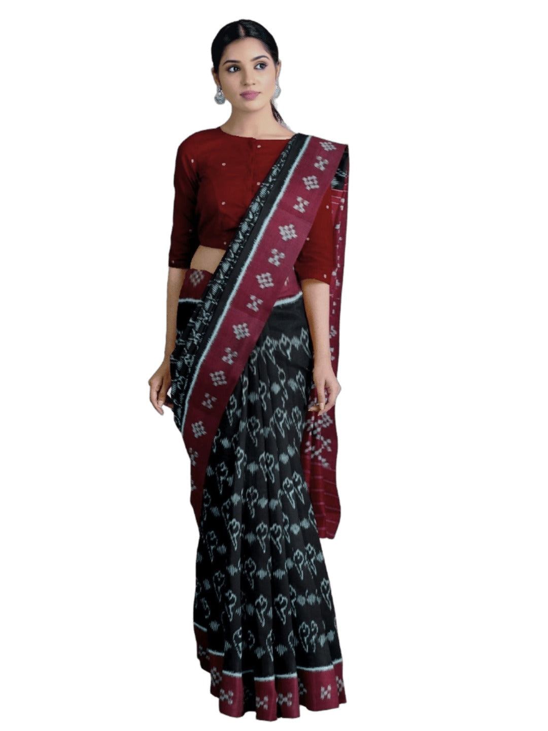 Black with Maroon Cotton Odisha Ikat saree with matching blouse piece