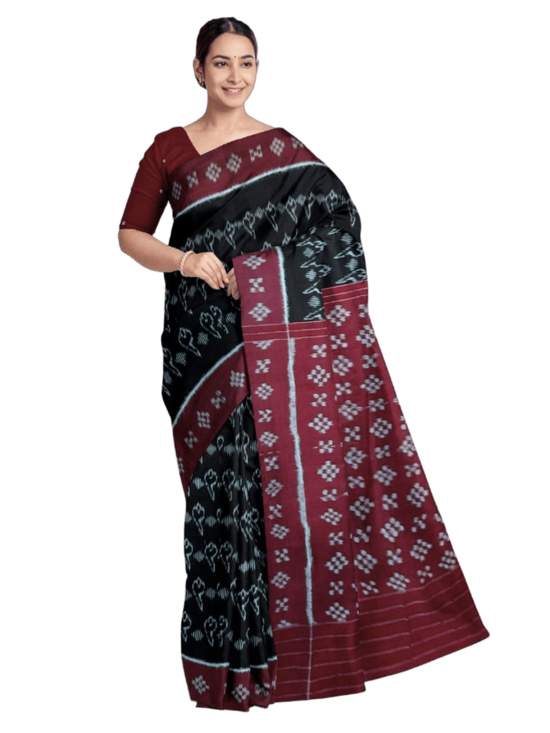 Black with Maroon Cotton Odisha Ikat saree with matching blouse piece