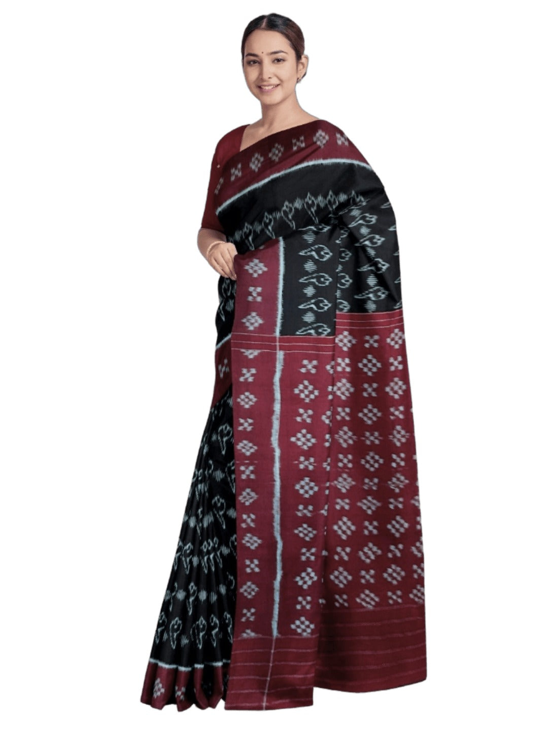 Black with Maroon Cotton Odisha Ikat saree with matching blouse piece