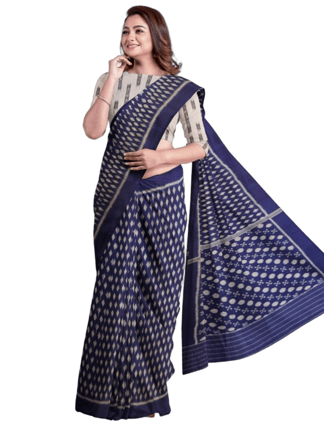 Blue Cotton Odisha Ikat saree with mix match blouse piece