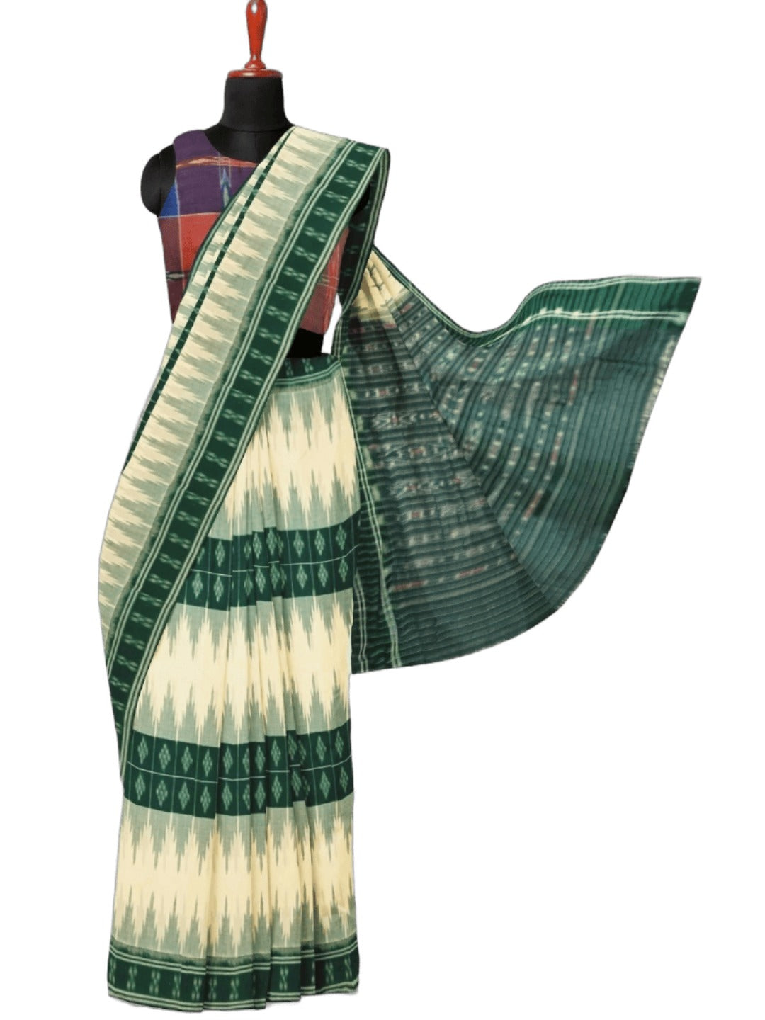 White and Green Cotton Odisha Ikat saree with mix match blouse piece