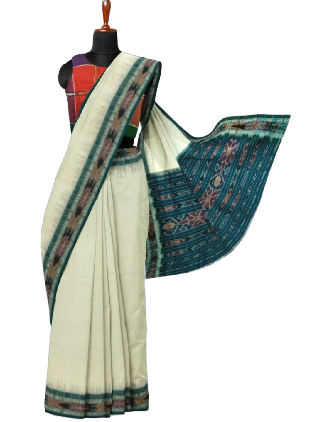White Cotton Odisha Ikat saree with mix match blouse piece