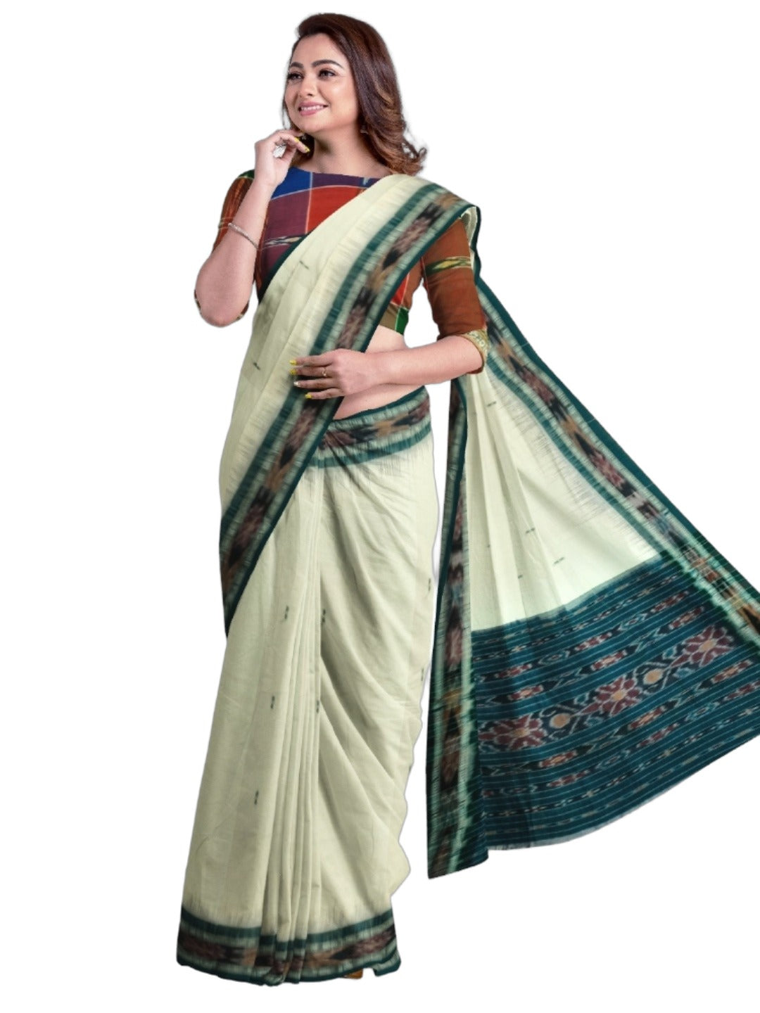 White Cotton Odisha Ikat saree with mix match blouse piece