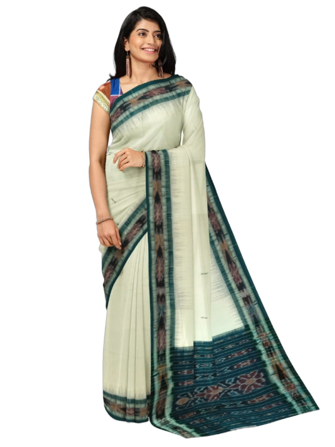 White Cotton Odisha Ikat saree with mix match blouse piece