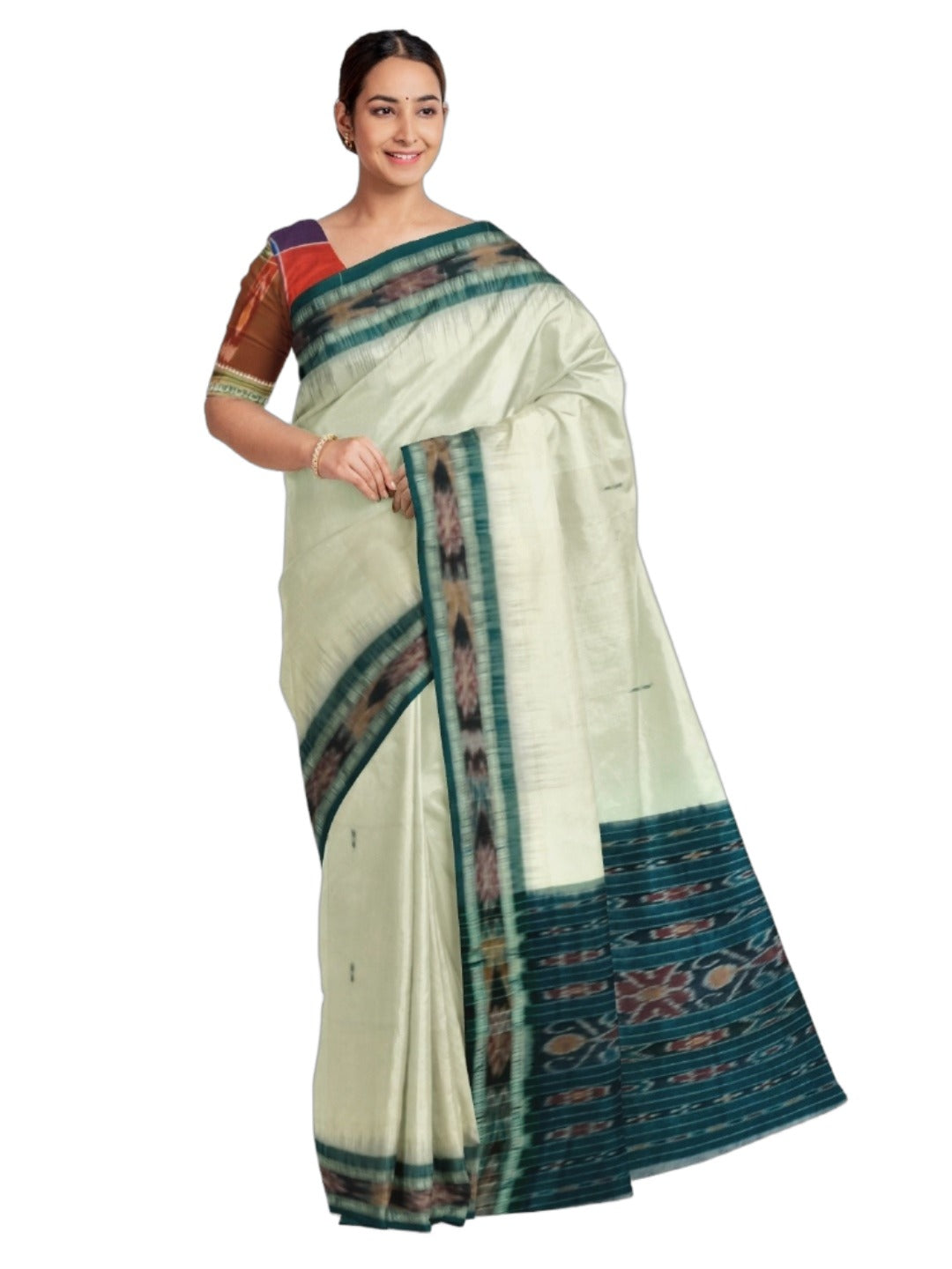 White Cotton Odisha Ikat saree with mix match blouse piece