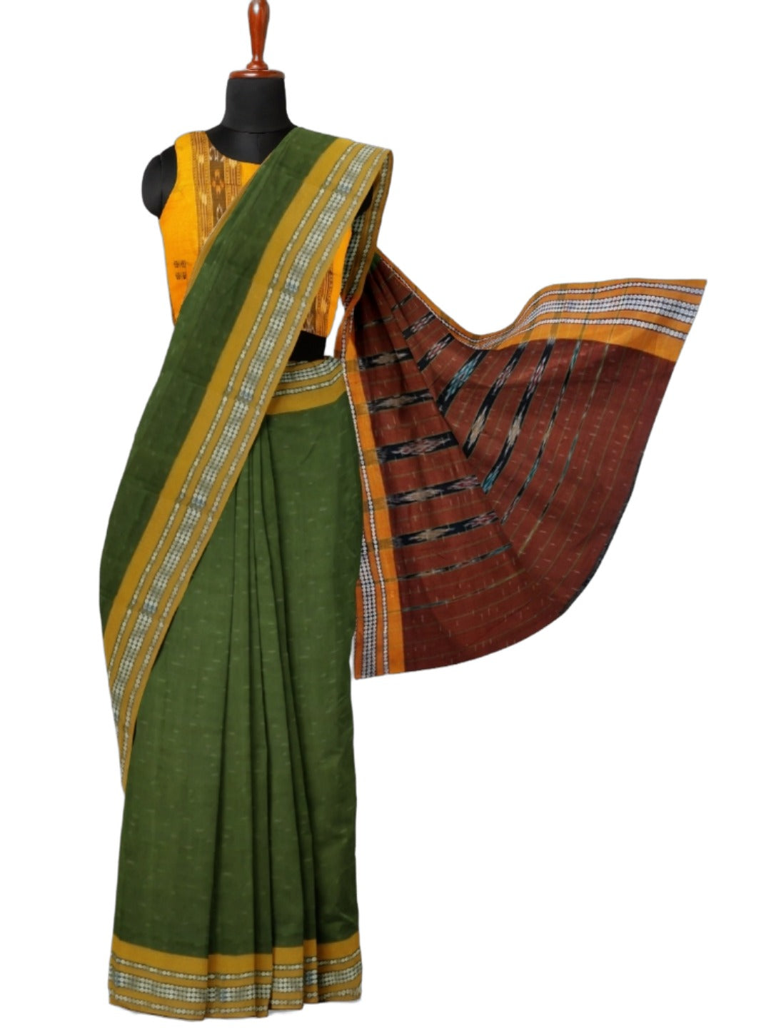 Olive Green Cotton Odisha Ikat saree with mix match blouse piece
