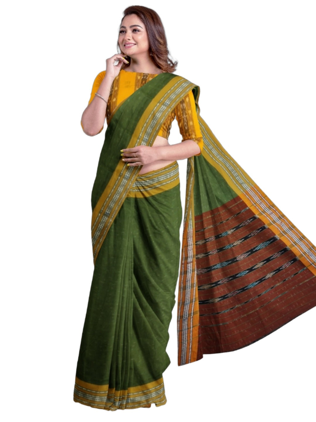 Olive Green Cotton Odisha Ikat saree with mix match blouse piece