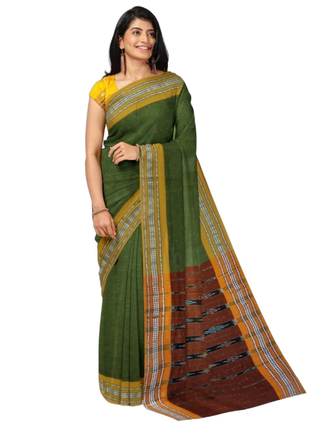 Olive Green Cotton Odisha Ikat saree with mix match blouse piece