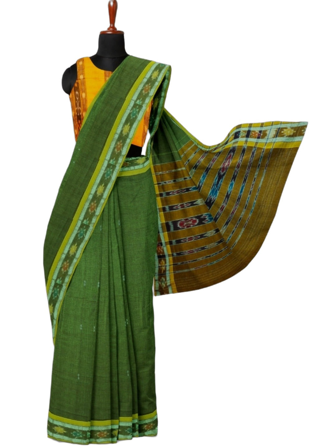 Olive Green Cotton Odisha Ikat saree with mix match blouse piece