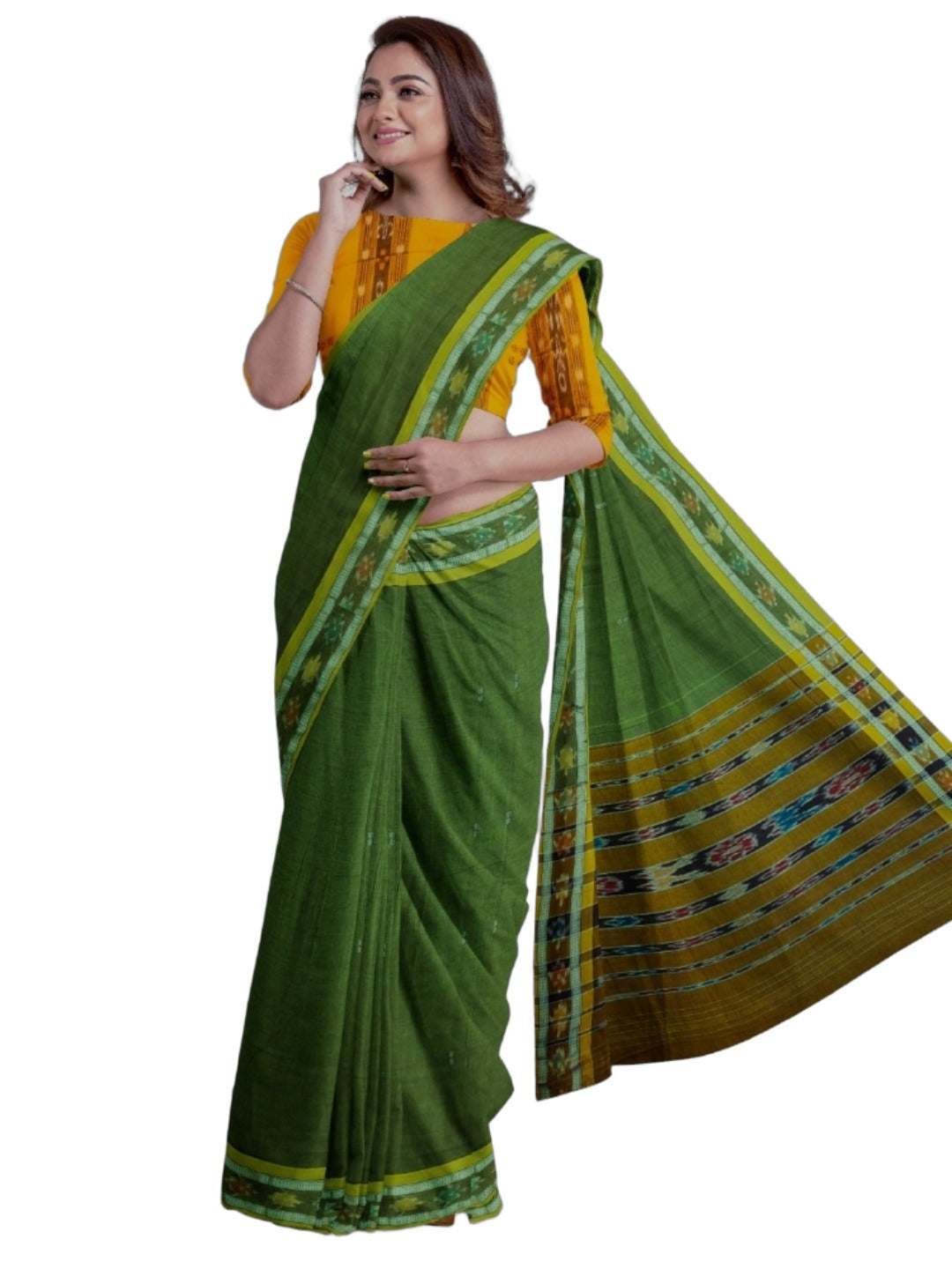 Olive Green Cotton Odisha Ikat saree with mix match blouse piece