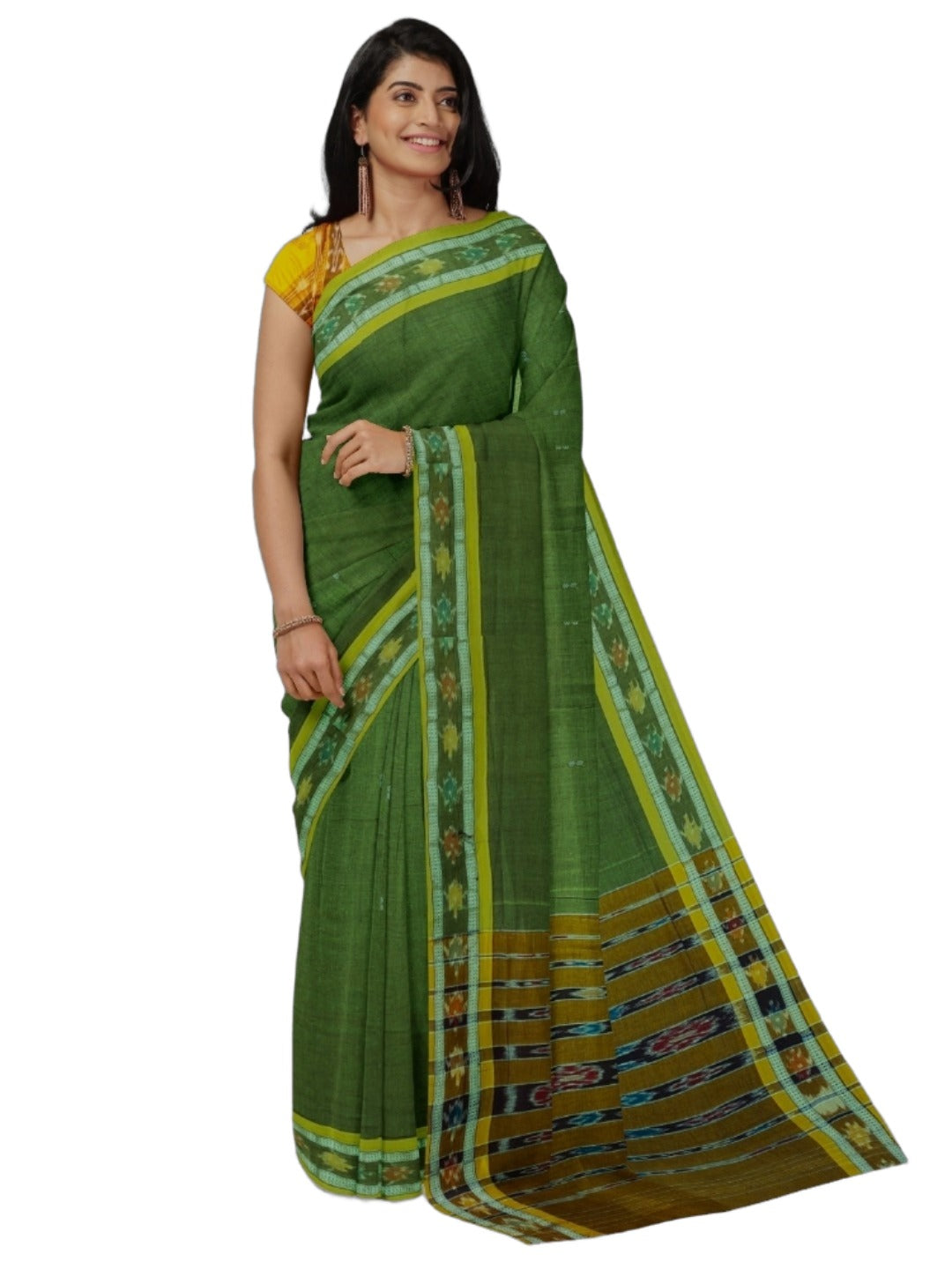 Olive Green Cotton Odisha Ikat saree with mix match blouse piece