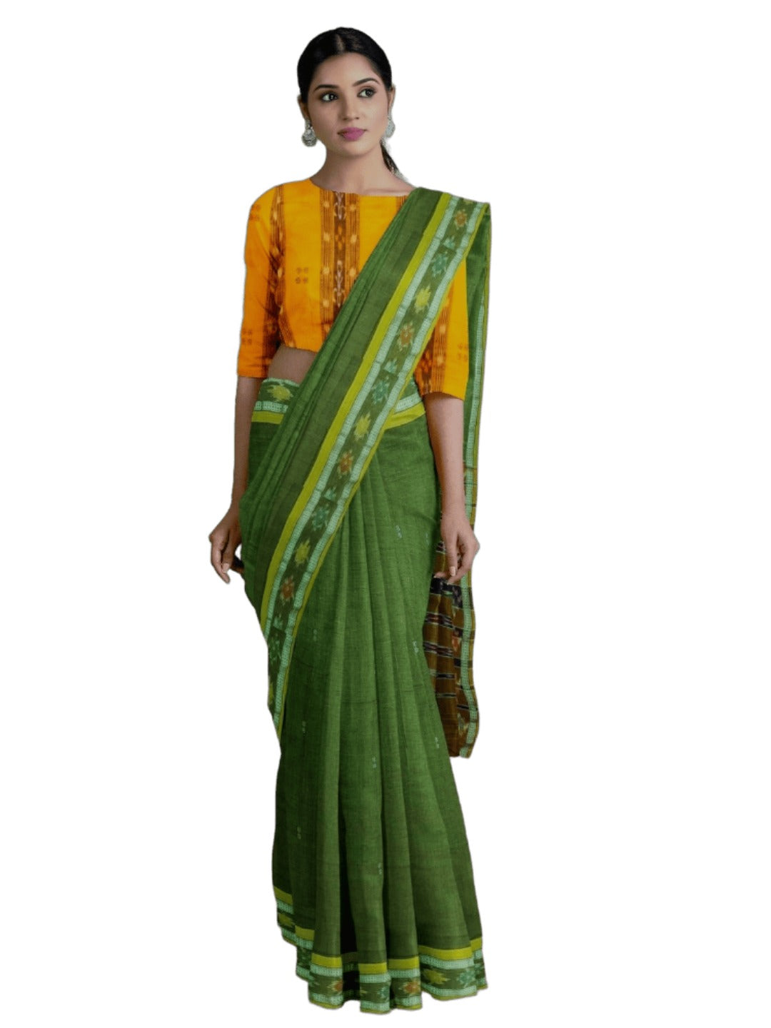 Olive Green Cotton Odisha Ikat saree with mix match blouse piece