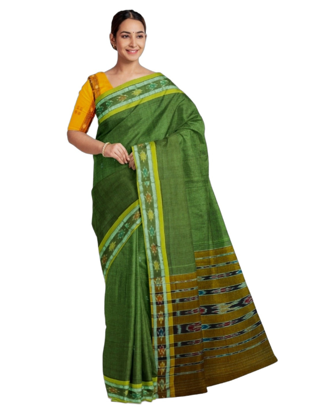 Olive Green Cotton Odisha Ikat saree with mix match blouse piece