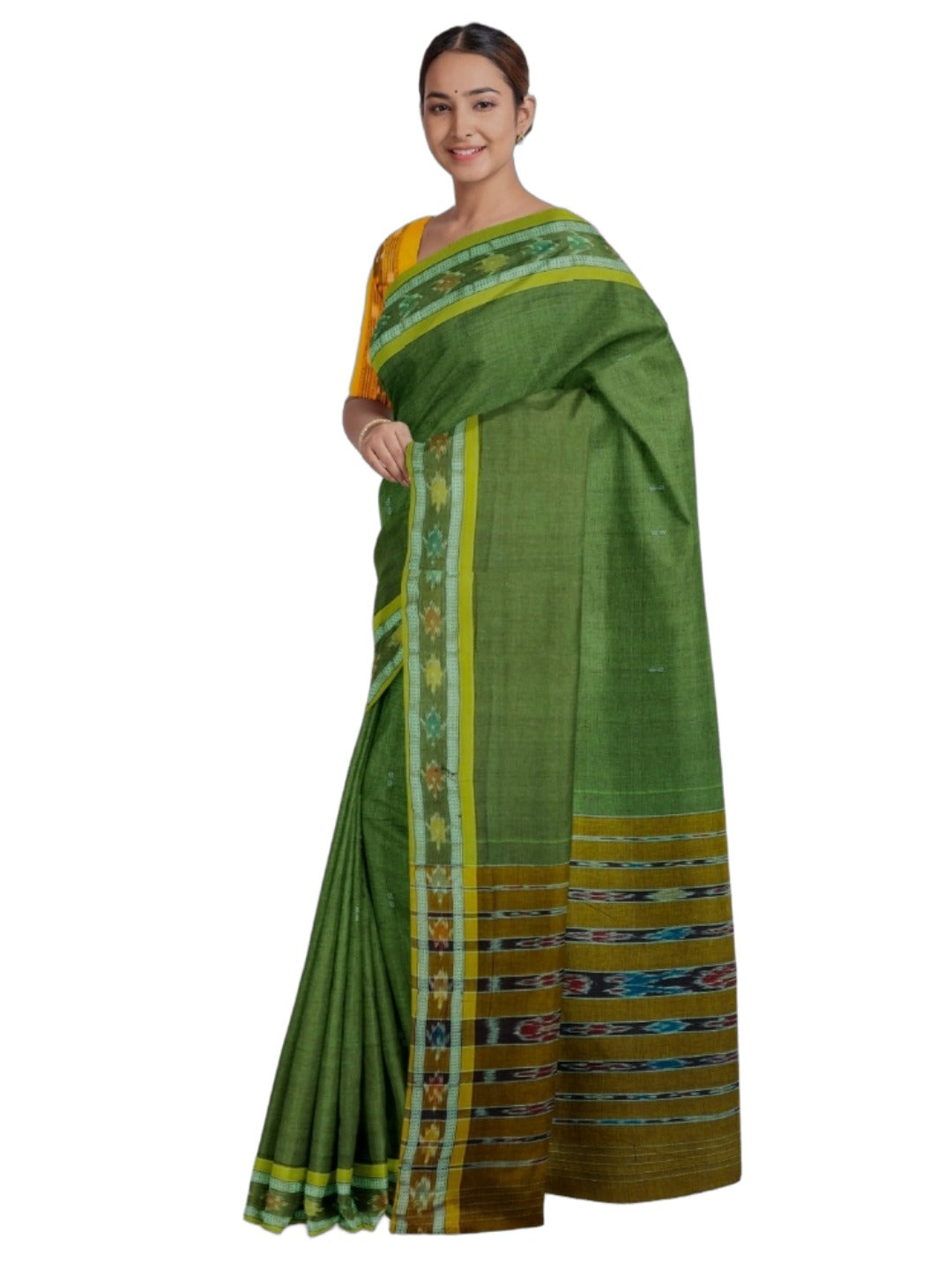 Olive Green Cotton Odisha Ikat saree with mix match blouse piece
