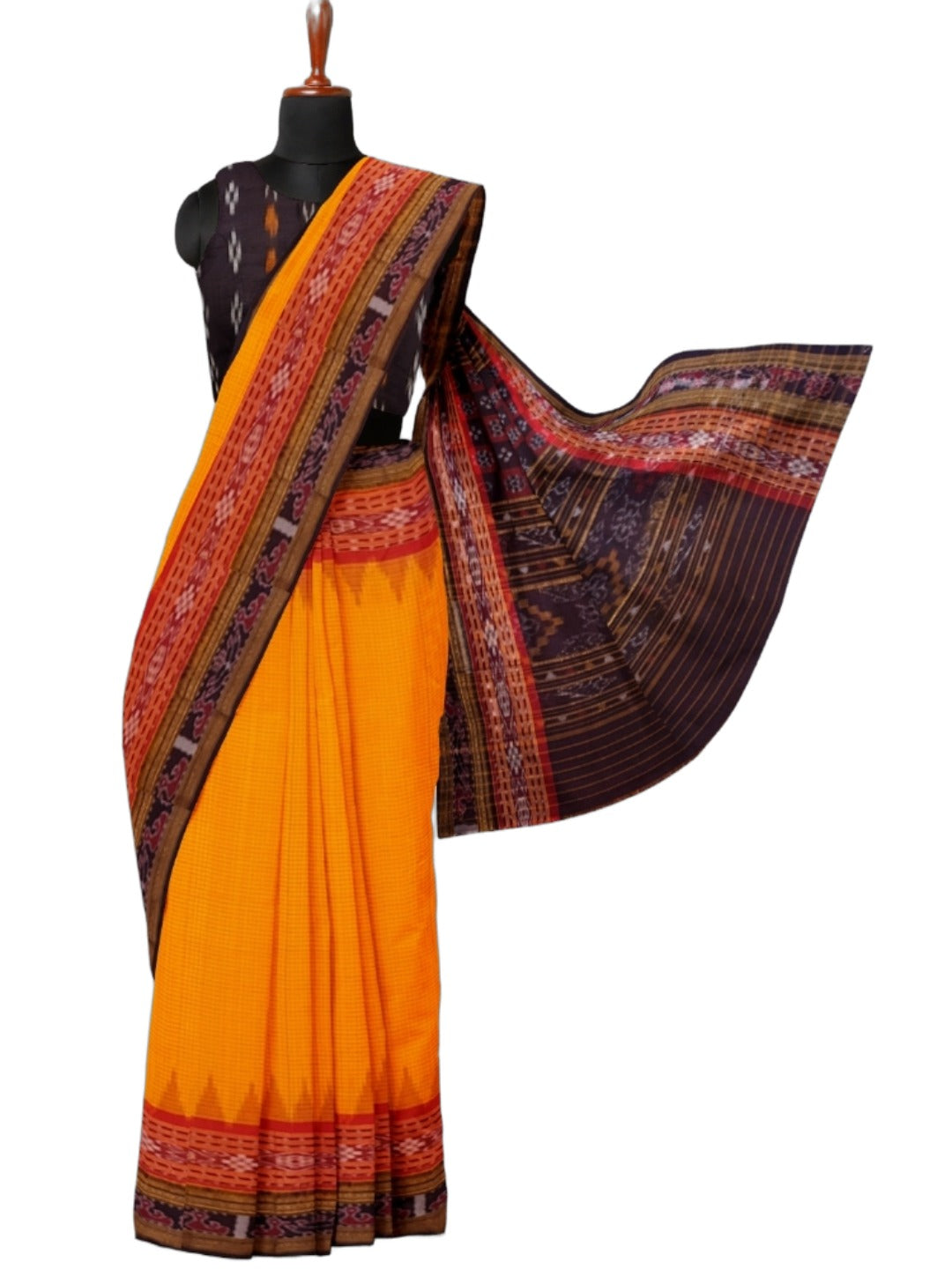 Yellow double order Sachipar Nuapatna Cotton Ikat saree with cotton ikat blouse piece