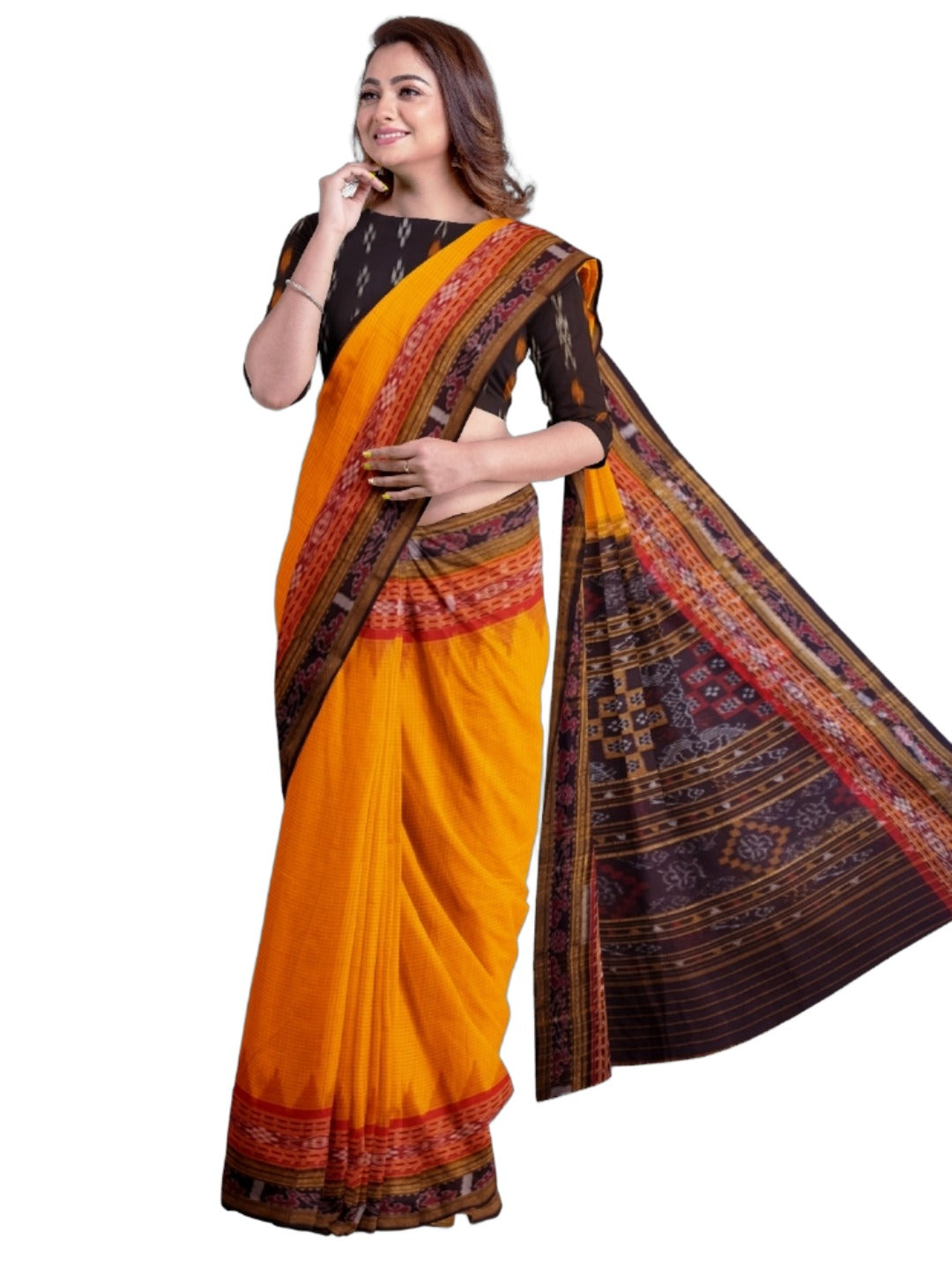 Yellow double order Sachipar Nuapatna Cotton Ikat saree with cotton ikat blouse piece