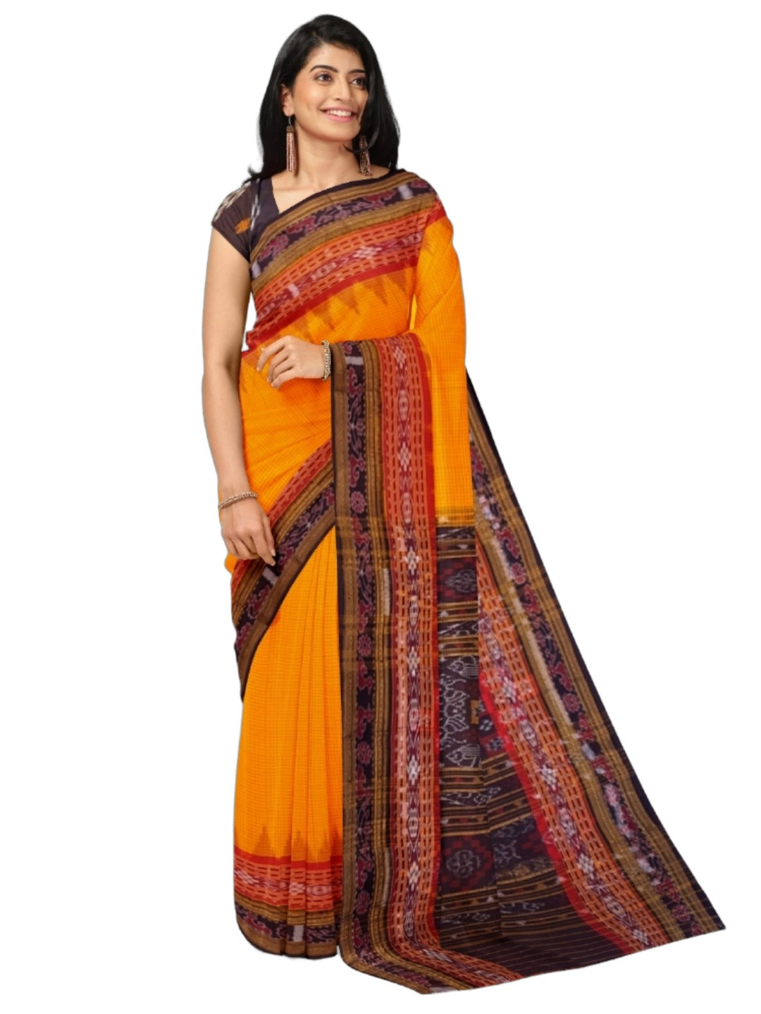 Yellow double order Sachipar Nuapatna Cotton Ikat saree with cotton ikat blouse piece