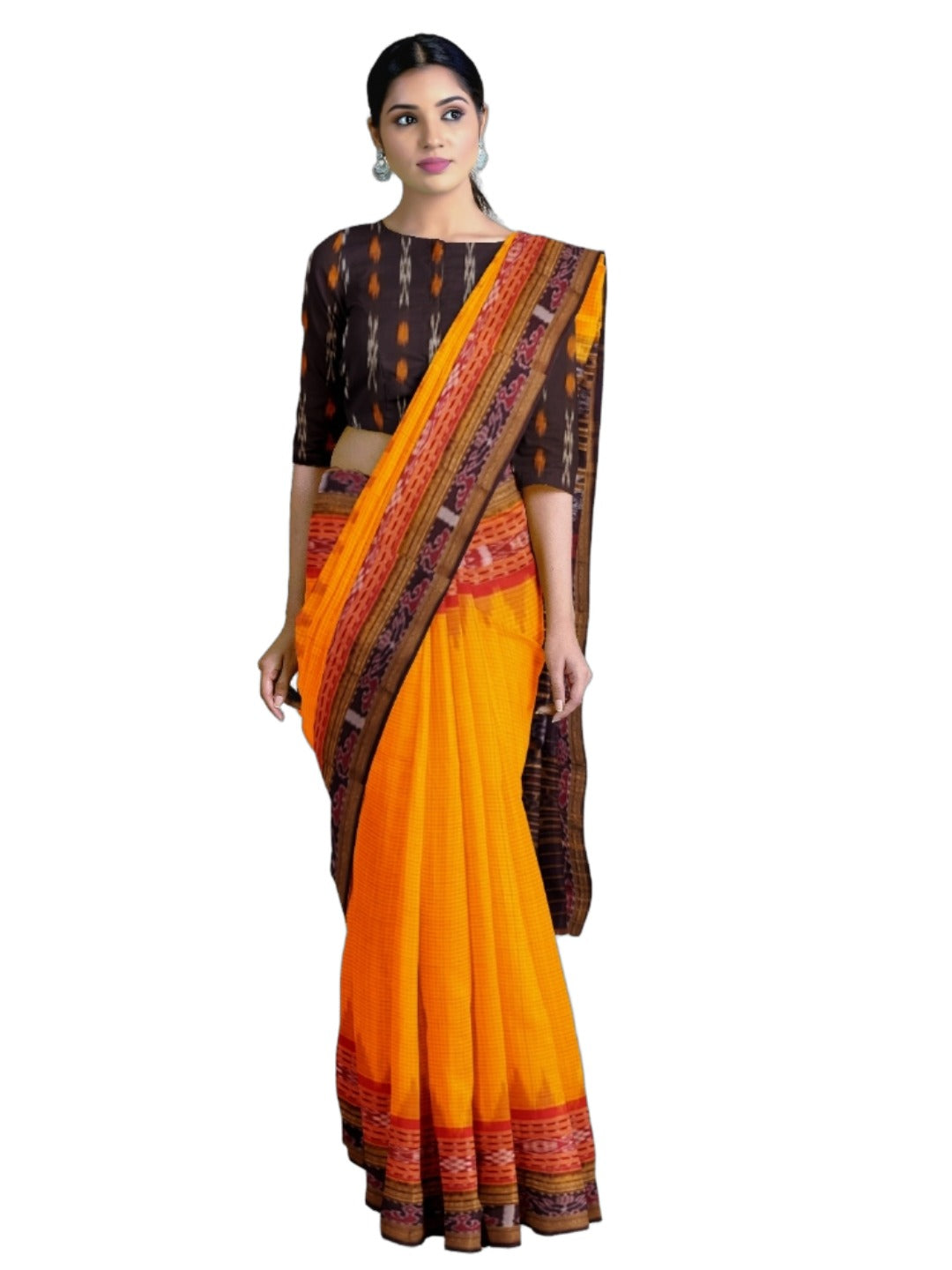 Yellow double order Sachipar Nuapatna Cotton Ikat saree with cotton ikat blouse piece