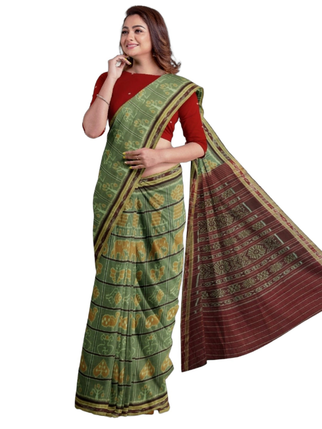 Grey cotton Nuapatna Nabakothi Saree with mix match cotton Ikat blouse piece