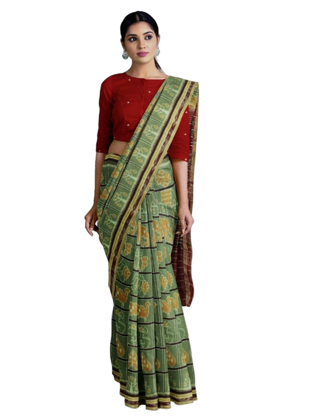 Grey cotton Nuapatna Nabakothi Saree with mix match cotton Ikat blouse piece