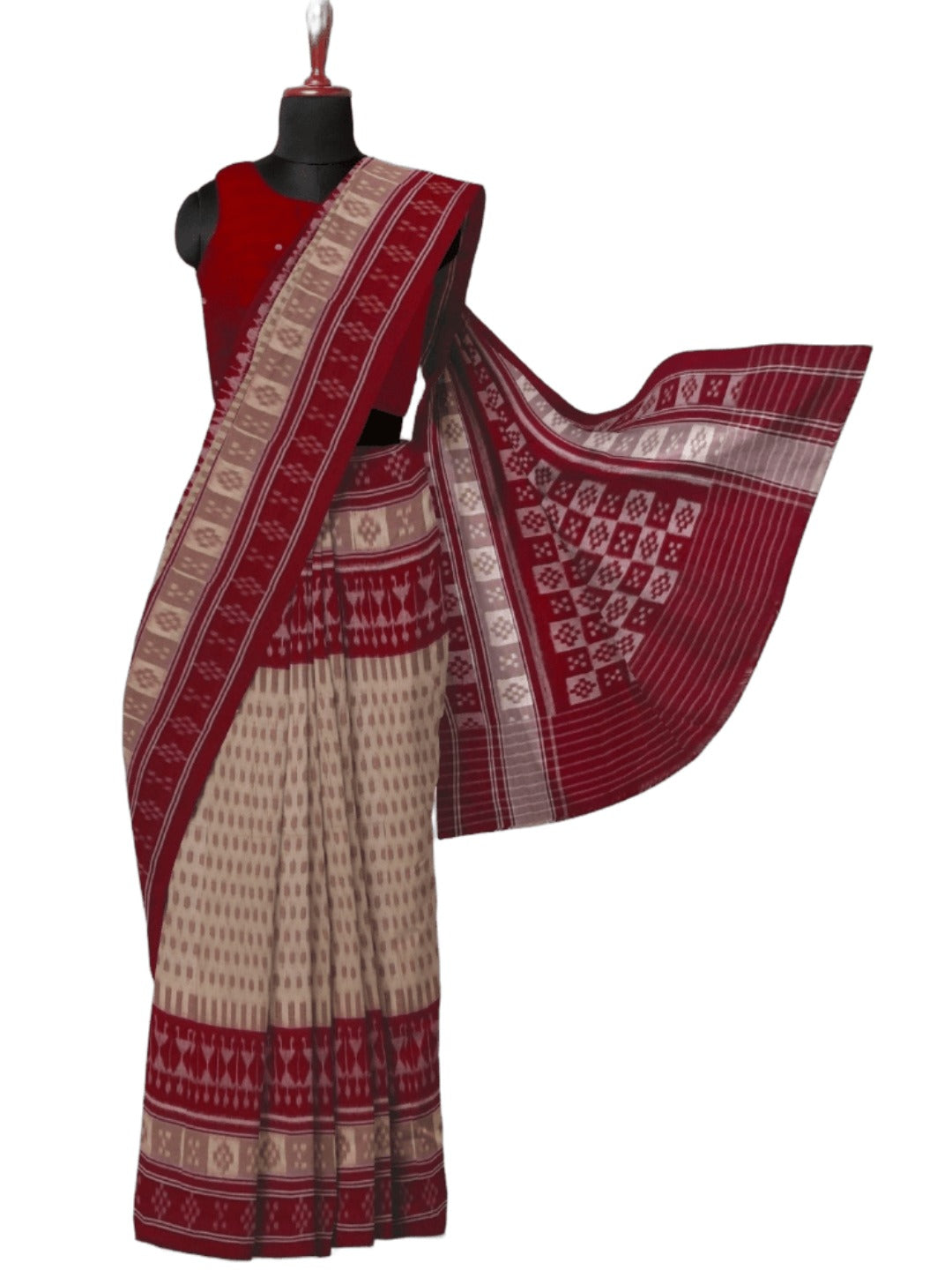 Beige wide border Cotton Odisha Ikat saree with matching cotton ikat blouse piece