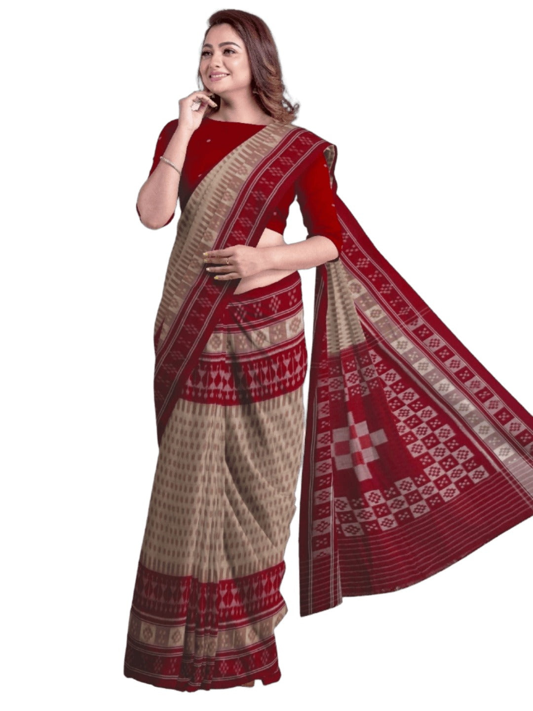 Beige wide border Cotton Odisha Ikat saree with matching cotton ikat blouse piece