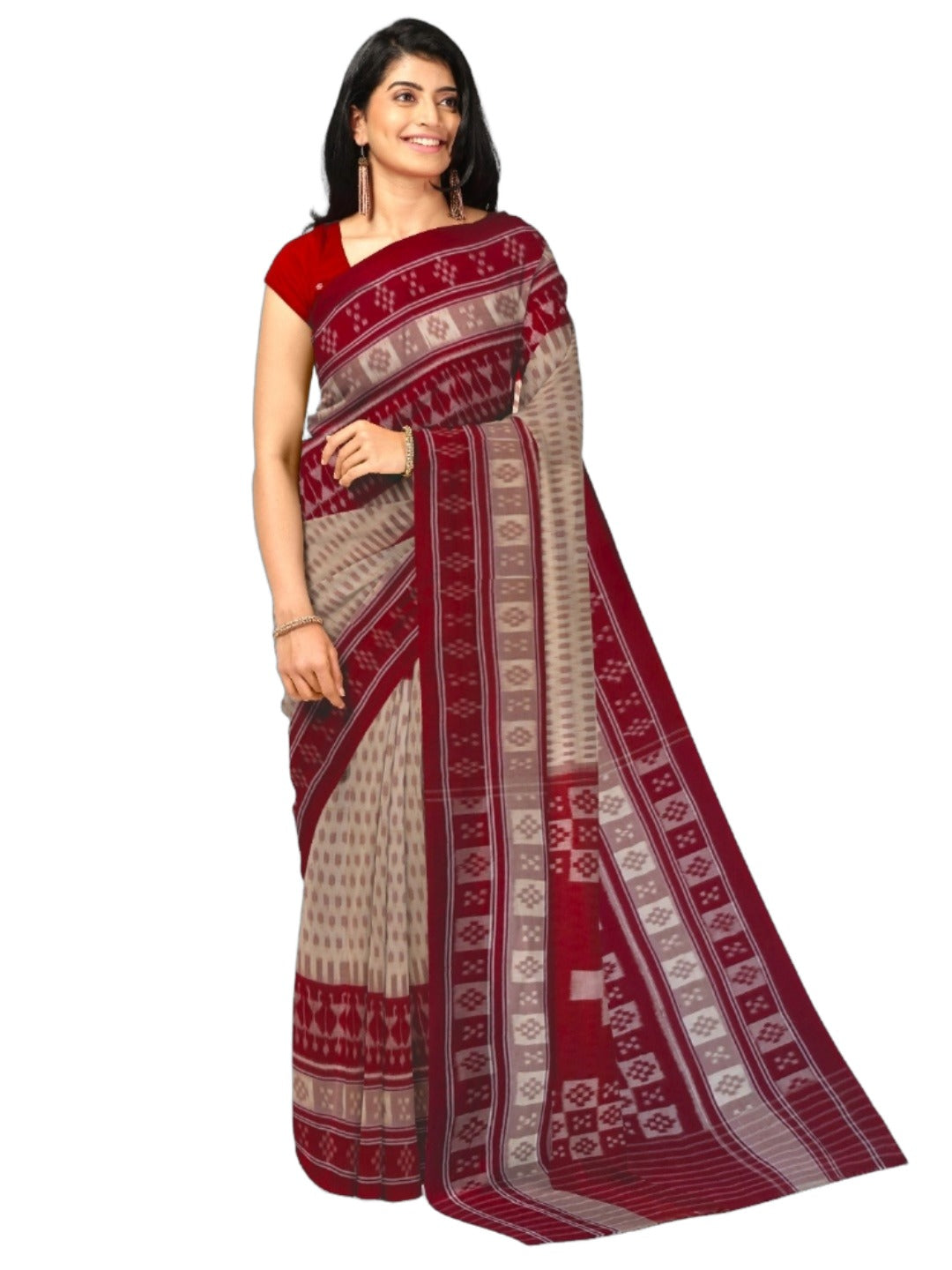 Beige wide border Cotton Odisha Ikat saree with matching cotton ikat blouse piece