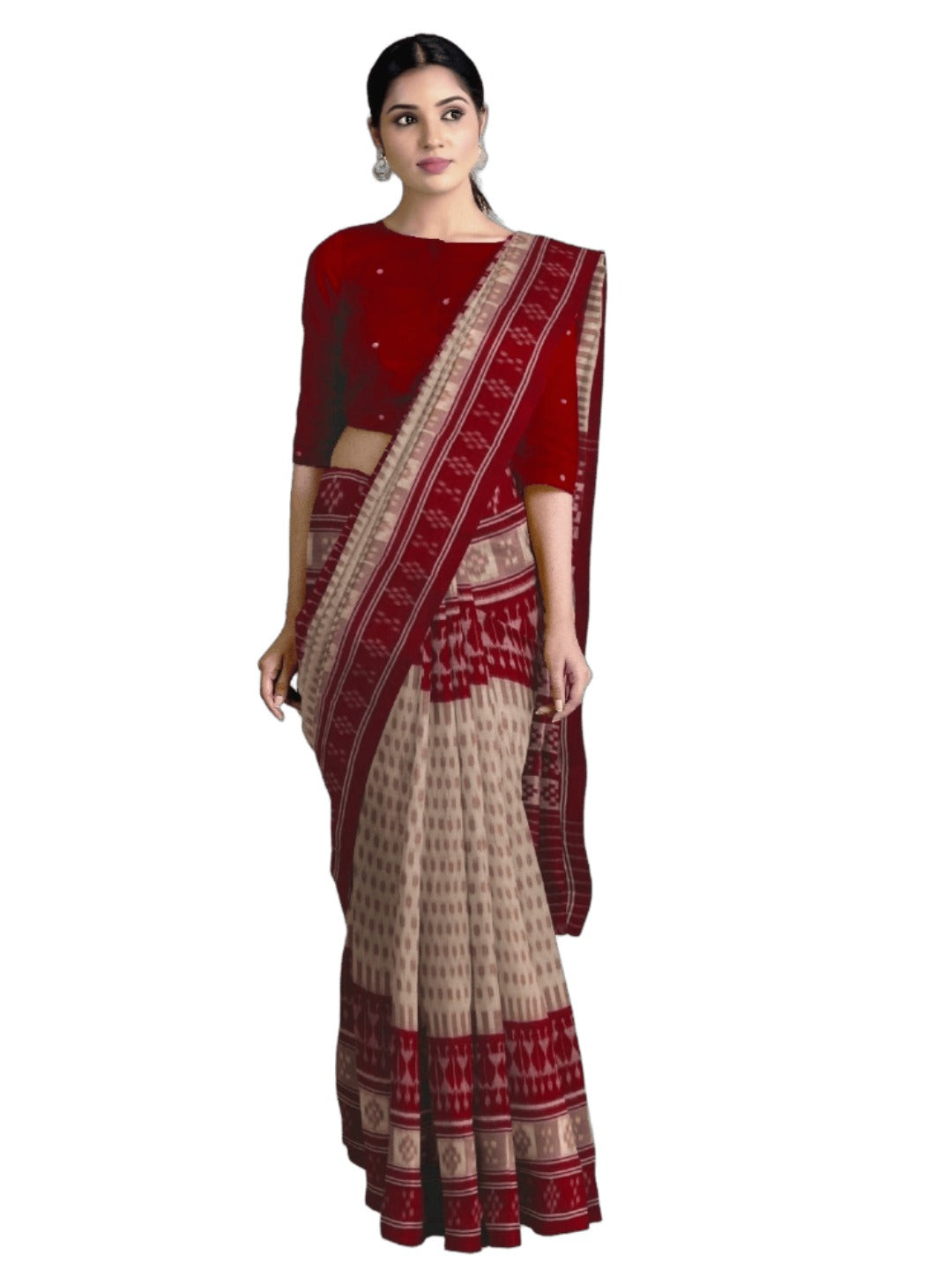 Beige wide border Cotton Odisha Ikat saree with matching cotton ikat blouse piece