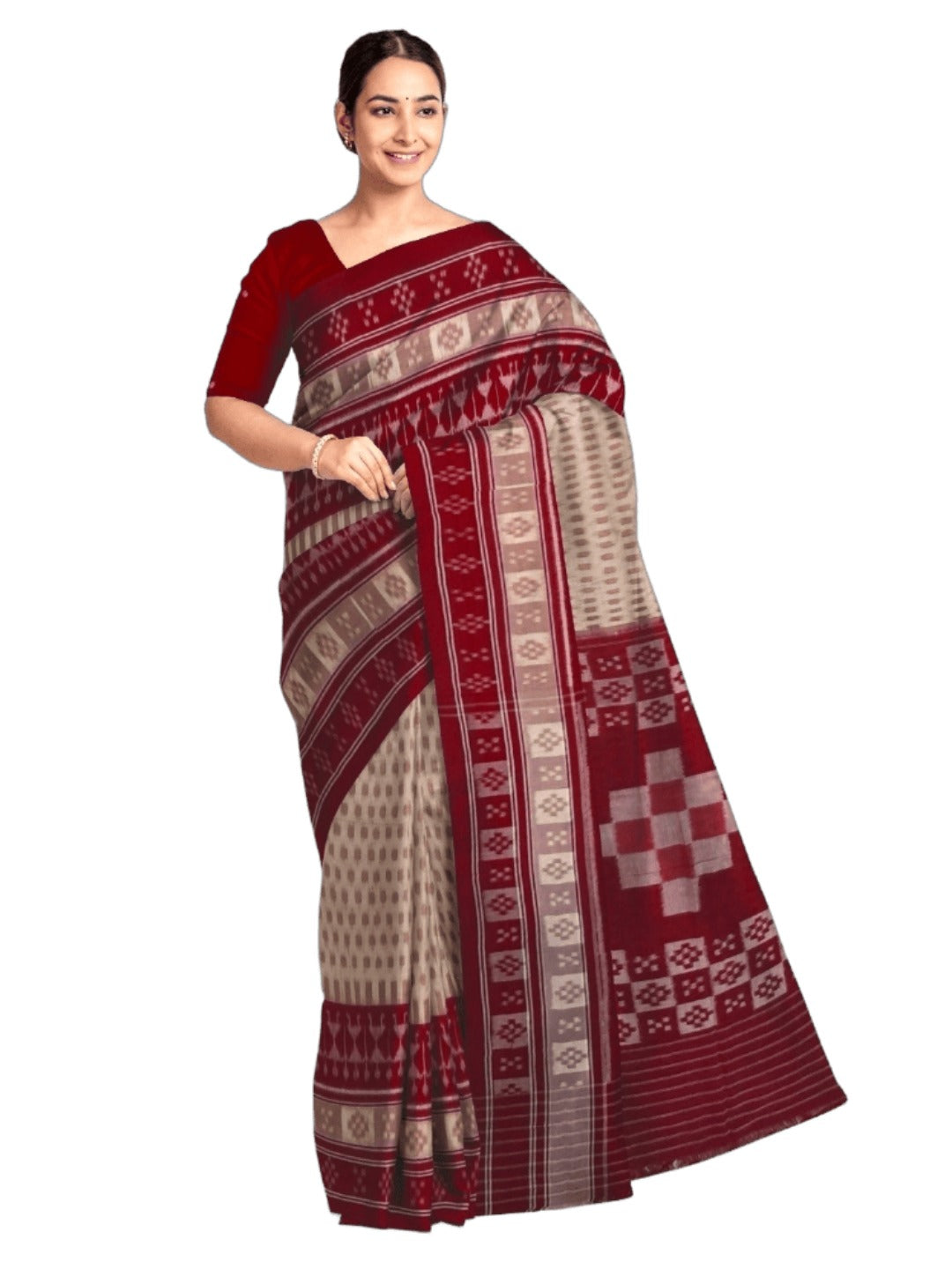 Beige wide border Cotton Odisha Ikat saree with matching cotton ikat blouse piece