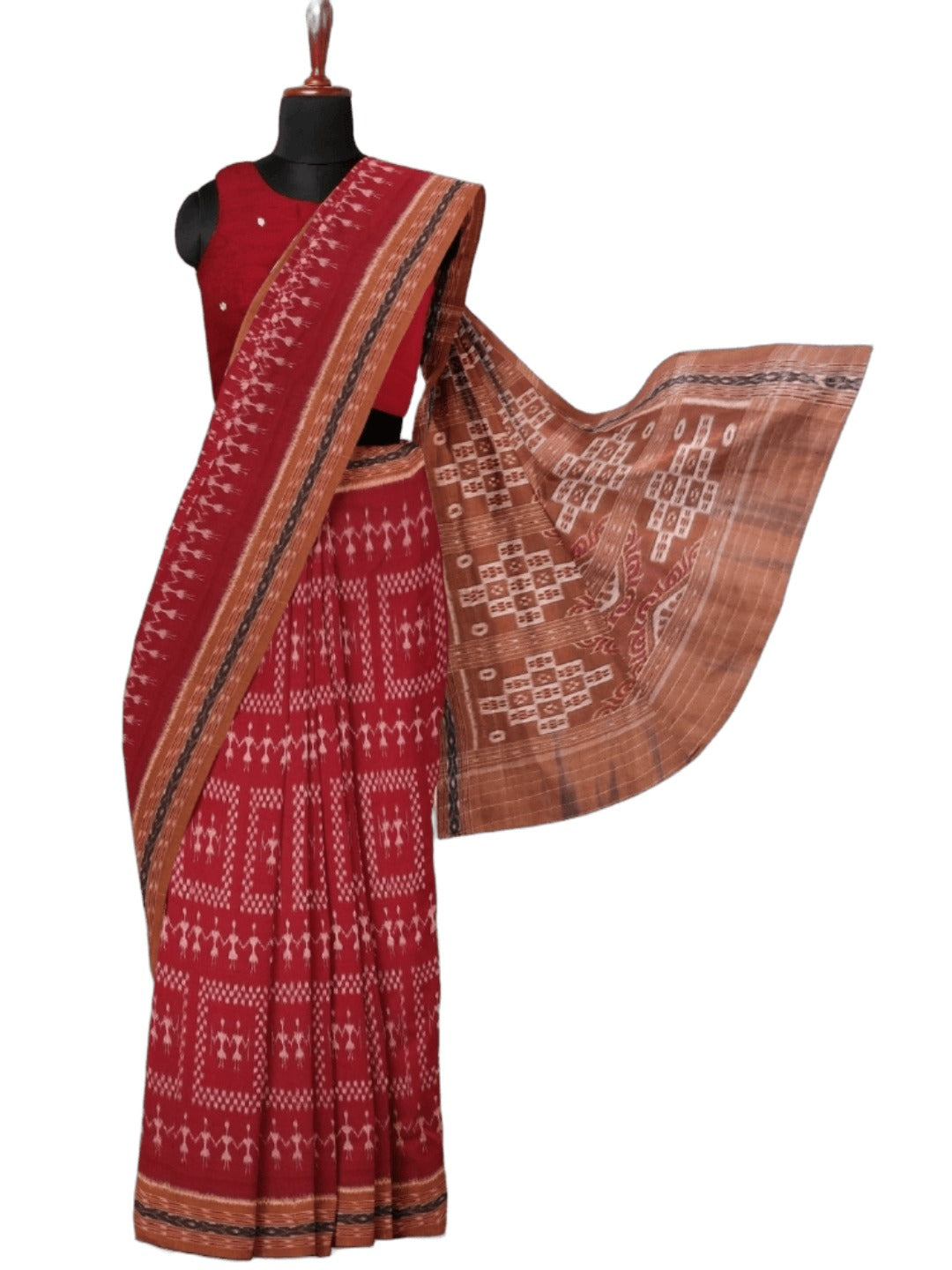 Maroon with Rust Cotton Odisha Ikat saree with cotton ikat blouse piece