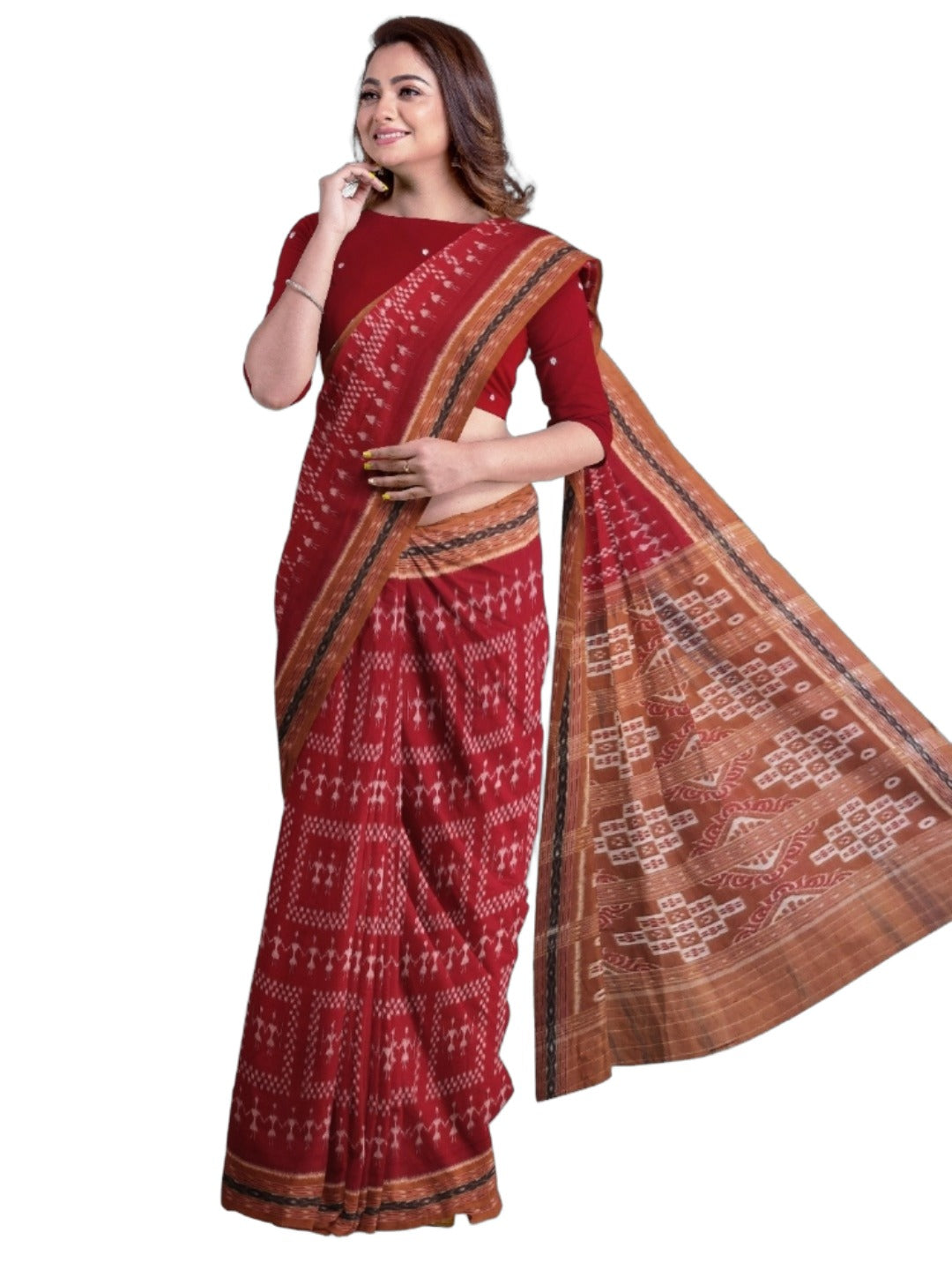 Maroon with Rust Cotton Odisha Ikat saree with cotton ikat blouse piece