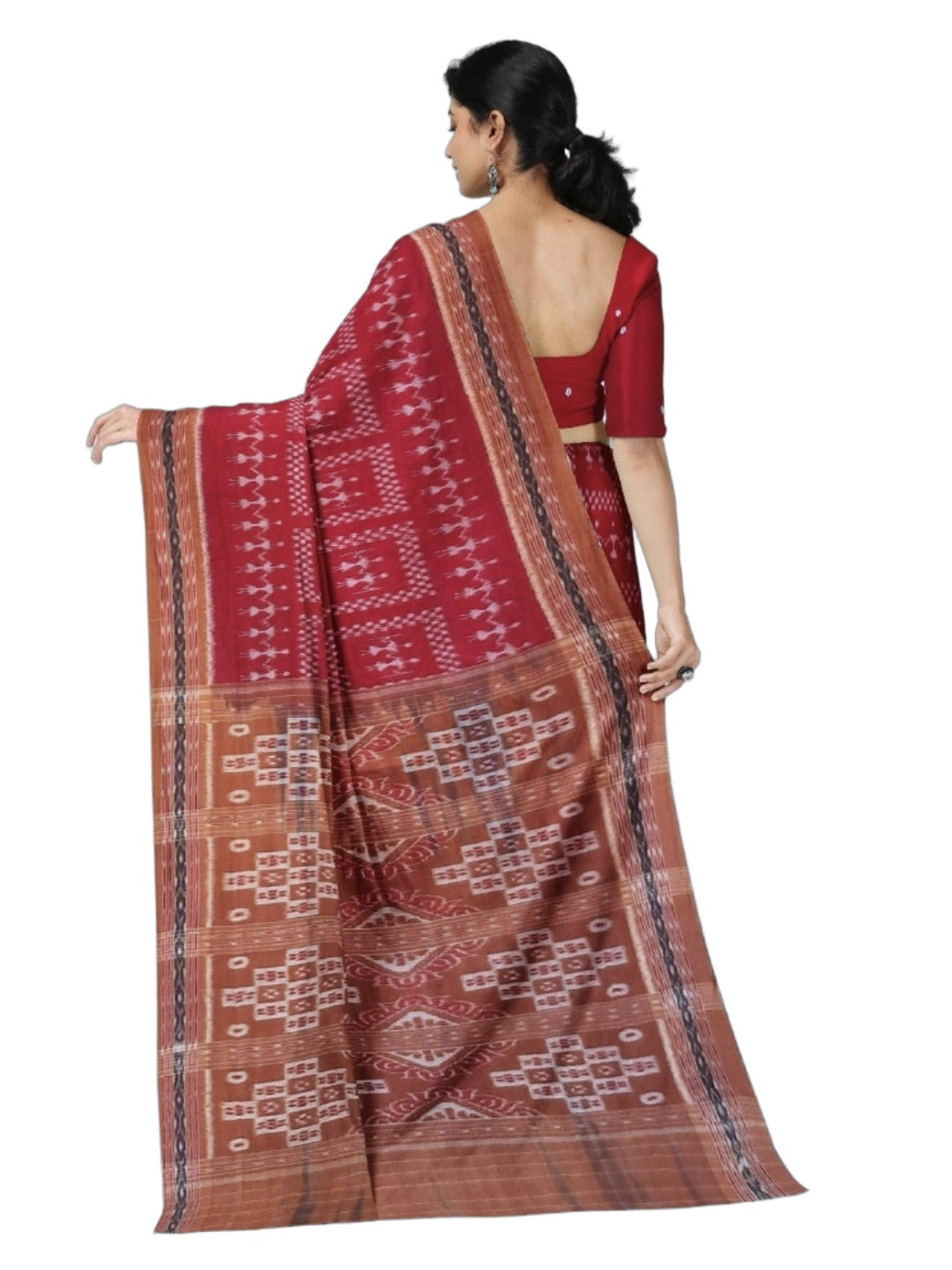Maroon with Rust Cotton Odisha Ikat saree with cotton ikat blouse piece