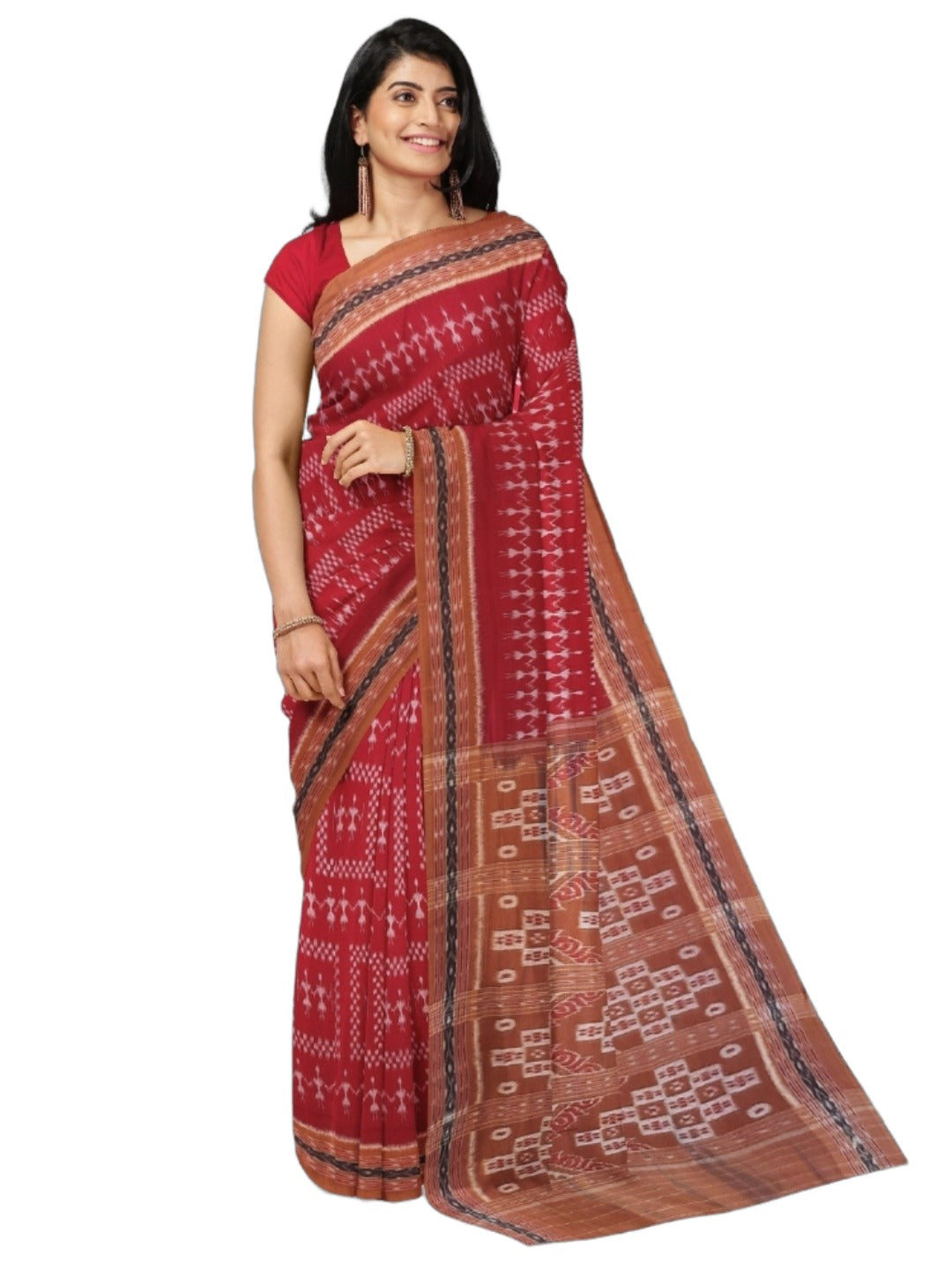Maroon with Rust Cotton Odisha Ikat saree with cotton ikat blouse piece