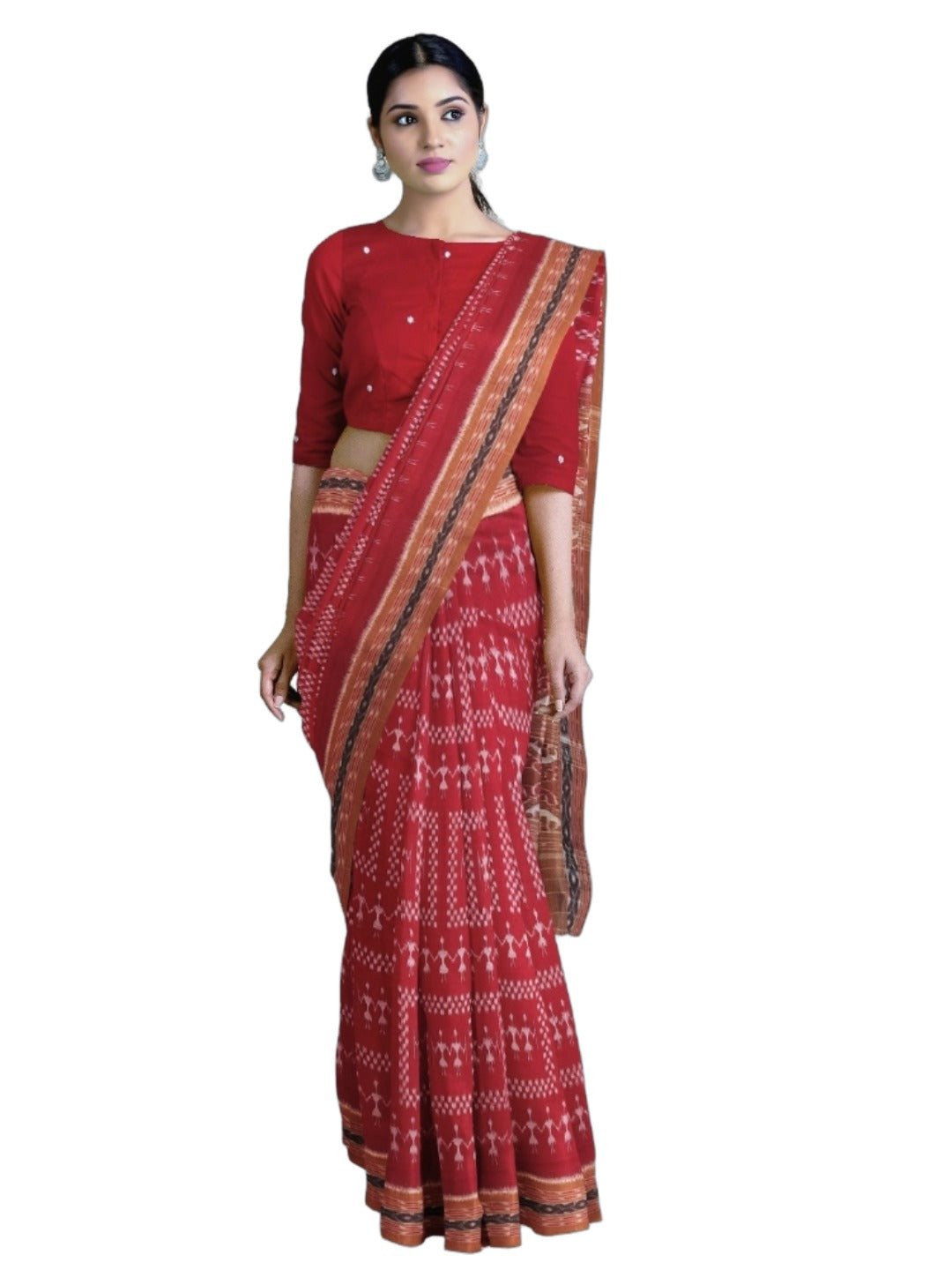 Maroon with Rust Cotton Odisha Ikat saree with cotton ikat blouse piece