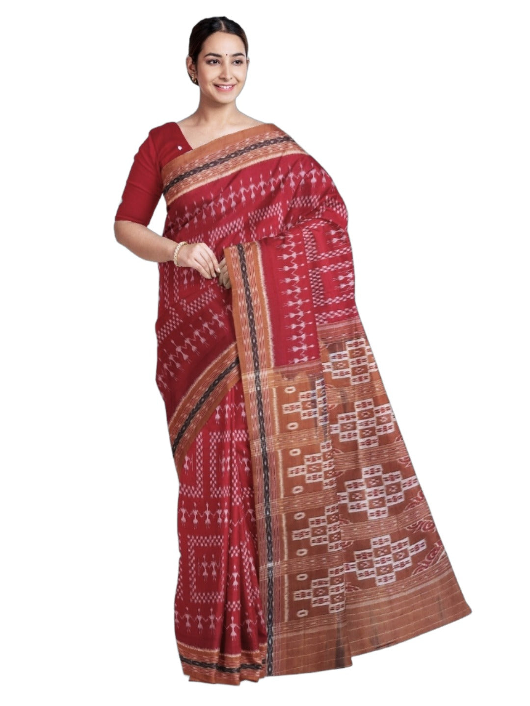 Maroon with Rust Cotton Odisha Ikat saree with cotton ikat blouse piece