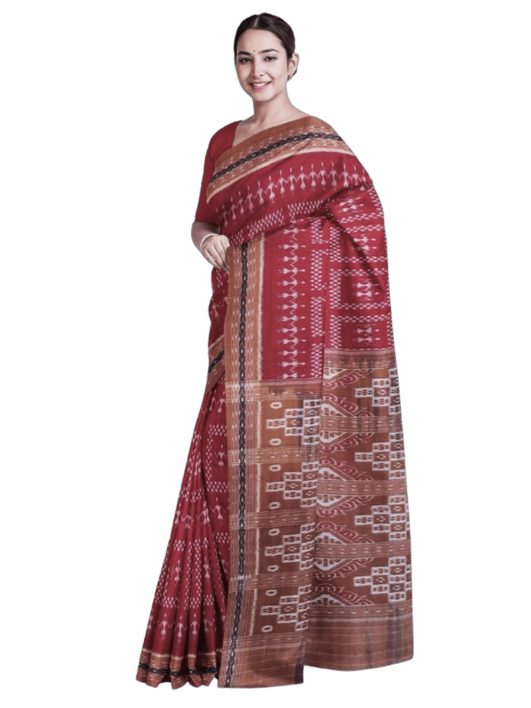 Maroon with Rust Cotton Odisha Ikat saree with cotton ikat blouse piece