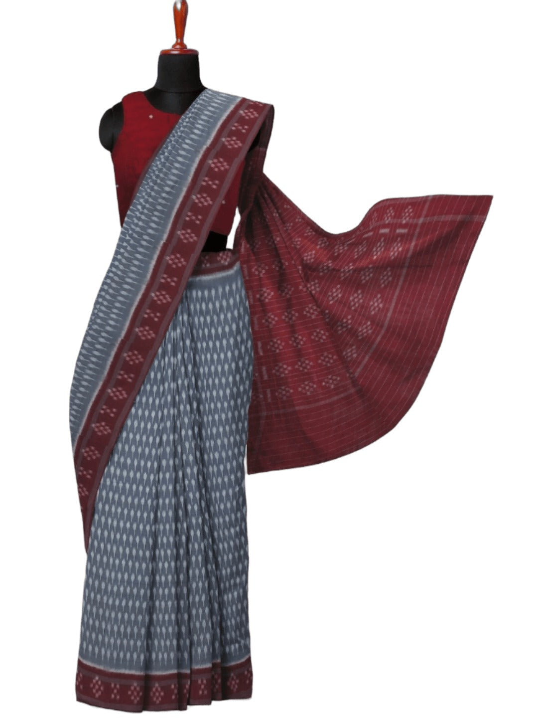 Grey cotton Odisha Ikat Saree with mix match cotton Ikat blouse piece