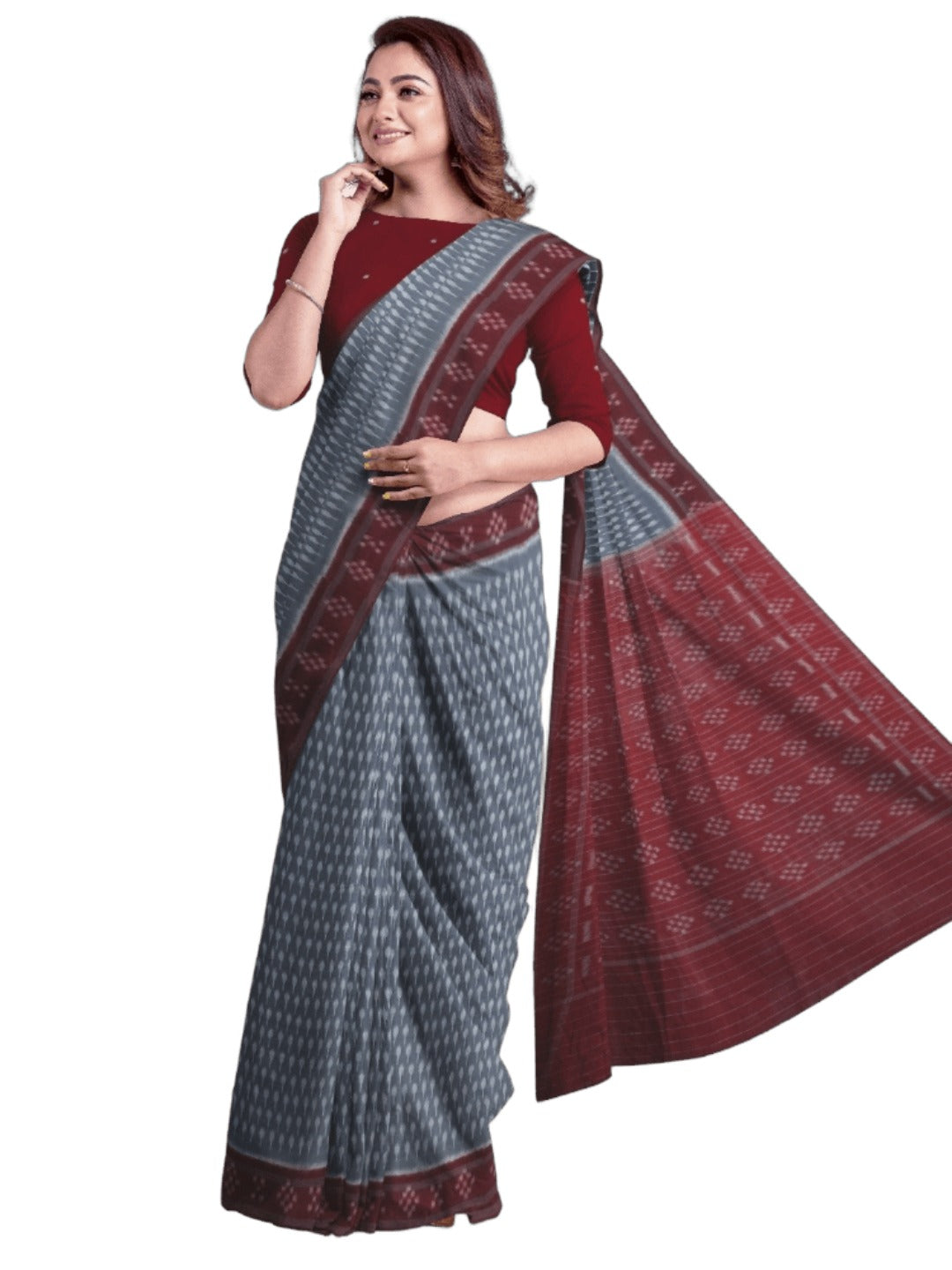 Grey cotton Odisha Ikat Saree with mix match cotton Ikat blouse piece